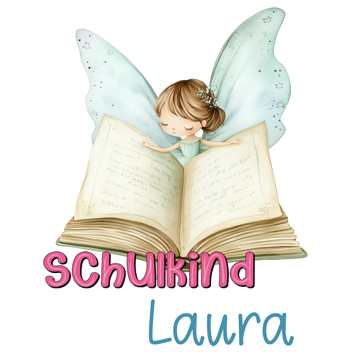 Schulkind Laura mit Feenflügeln und offenem Buch.