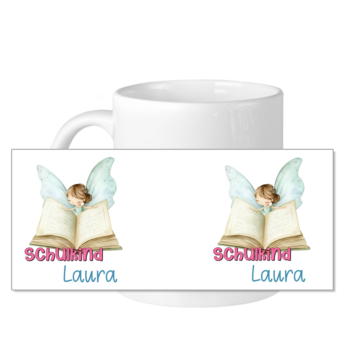 Tasse mit Feen-Motiv und personalisiertem Text "Schulkind Laura".
