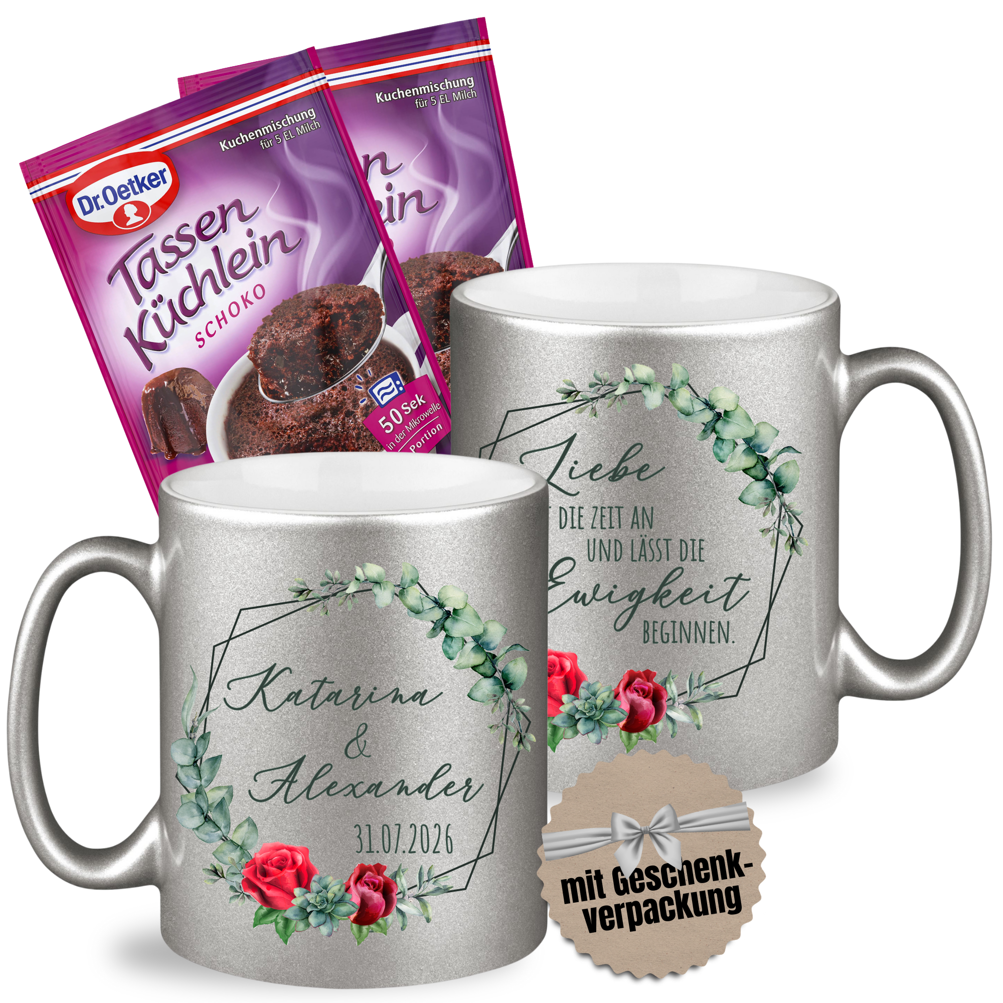 Silberne Tassen mit personalisiertem Design und Geschenkverpackung.