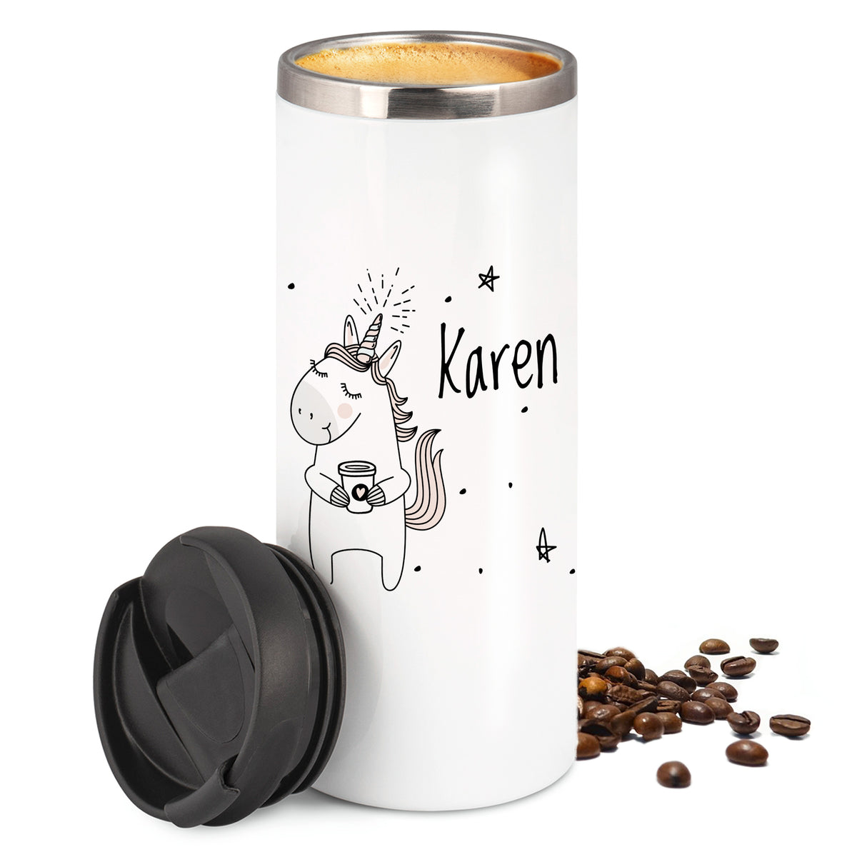 Weißer Becher mit Einhorn-Motiv und dem Namen "Karen".