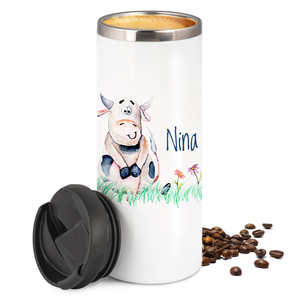 Weißer Thermobecher mit Kuh-Motiv und dem Namen "Nina".