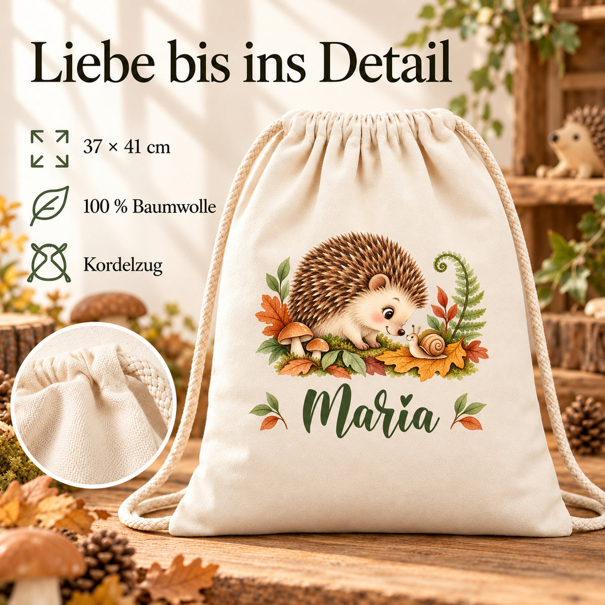 Turnbeutel mit Igel und Schnecke, Stoffdetail und Angaben zu Baumwolle, Kordelzug und Größe