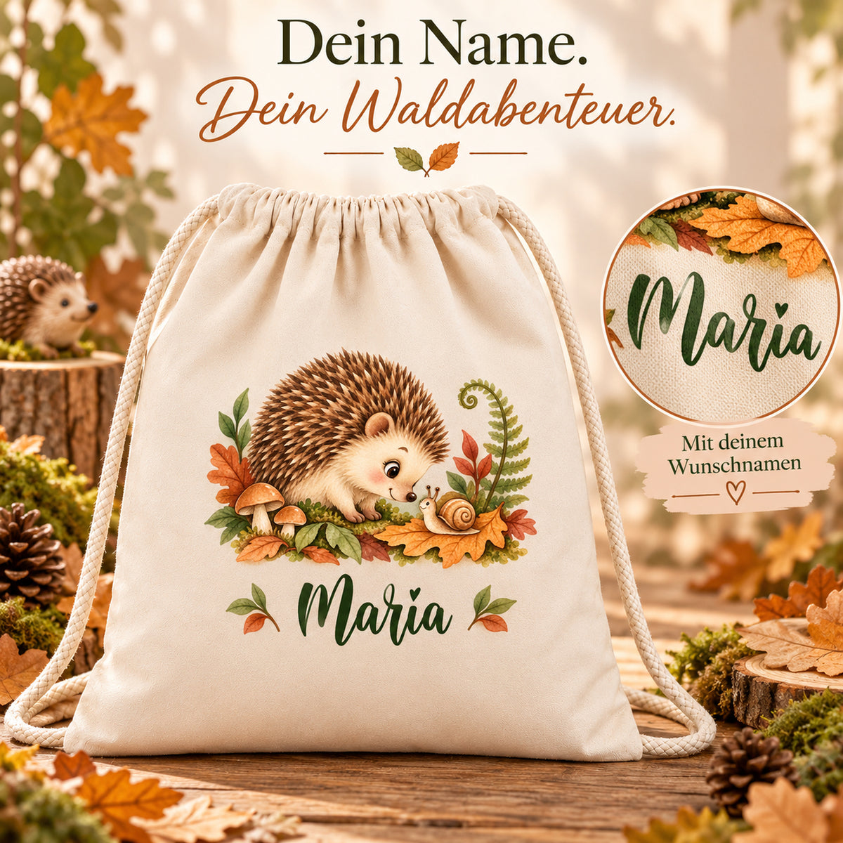Turnbeutel mit Igel und Schnecke und vergrößerter Darstellung der Personalisierung mit Wunschnamen