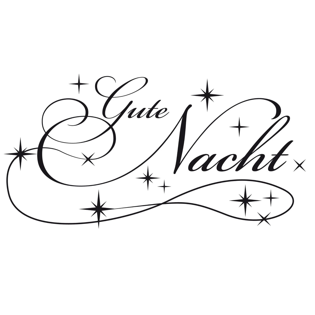 Schwarzer Schriftzug "Gute Nacht" mit funkelnden Sternen.
