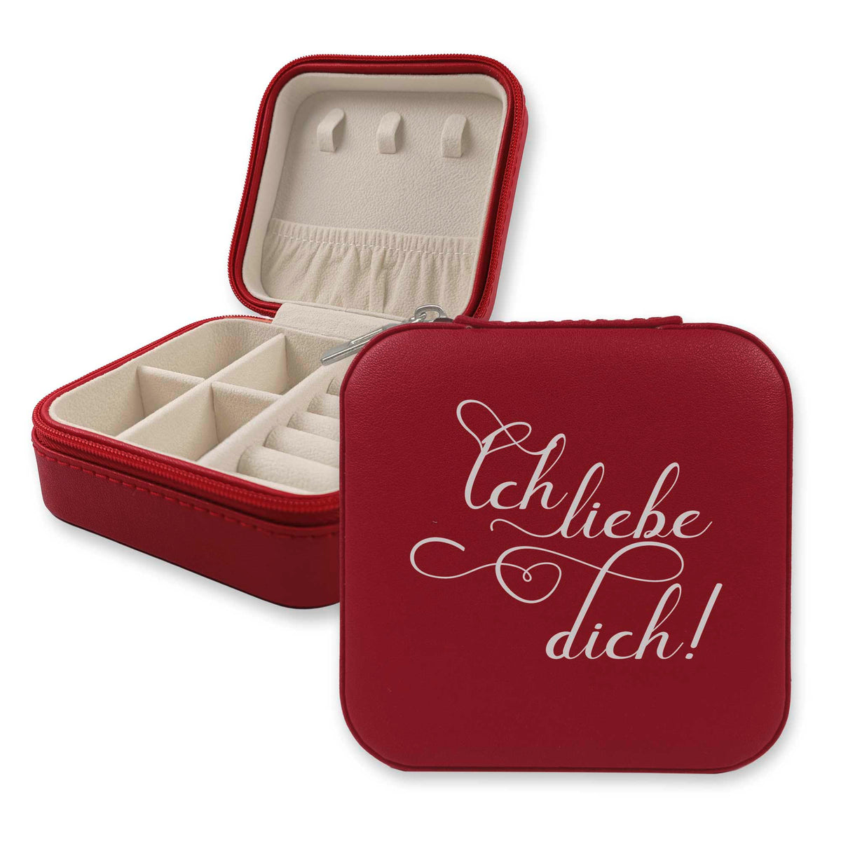 Rote Schmuckbox mit Aufschrift „Ich liebe dich!“ und Fächern.