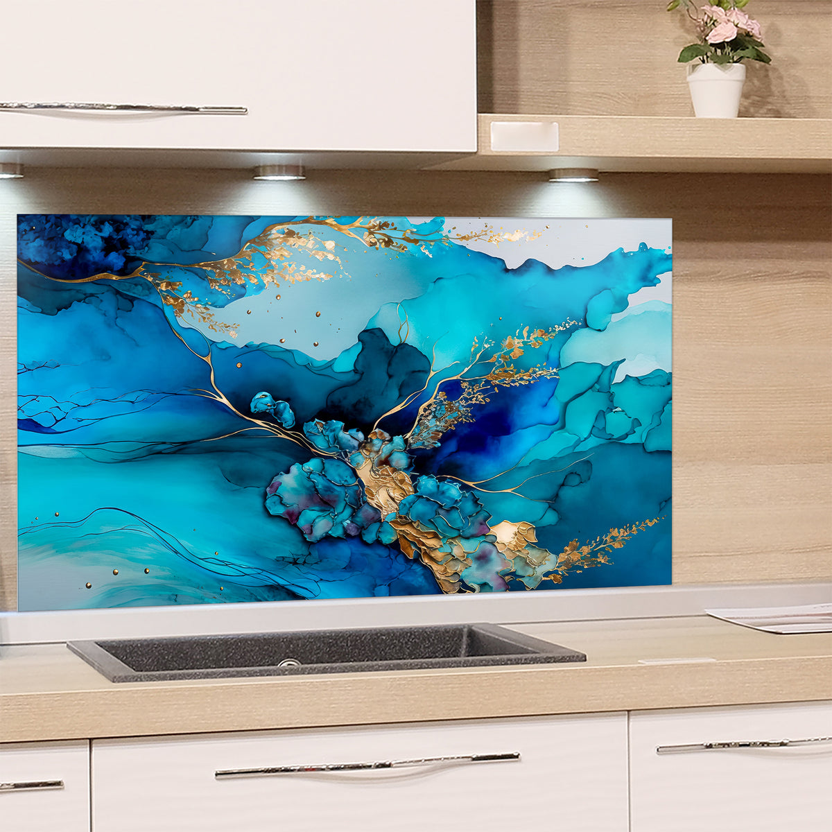 Aquarell-Wandbild in Blau- und Goldtönen, abstrakte Motive.