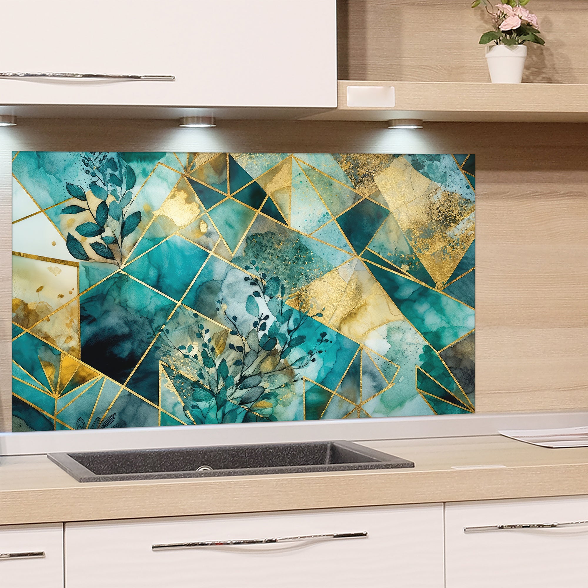 Mosaik-Fliesen in Türkis und Gold mit Pflanzenmotiven.