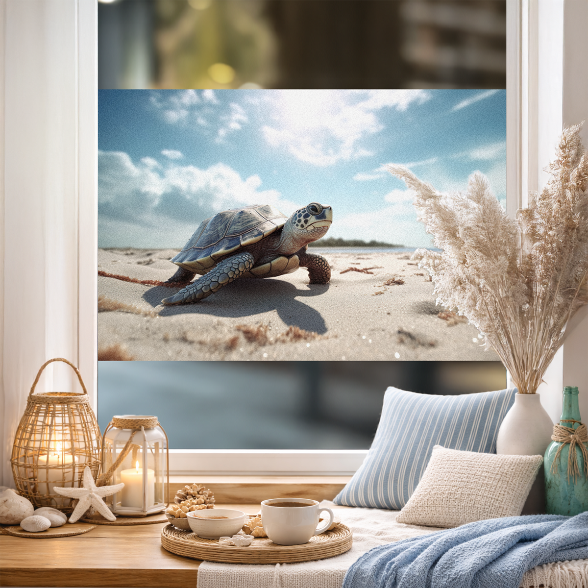 Schildkröte am Strand, hellblauer Himmel, sandige Umgebung.
