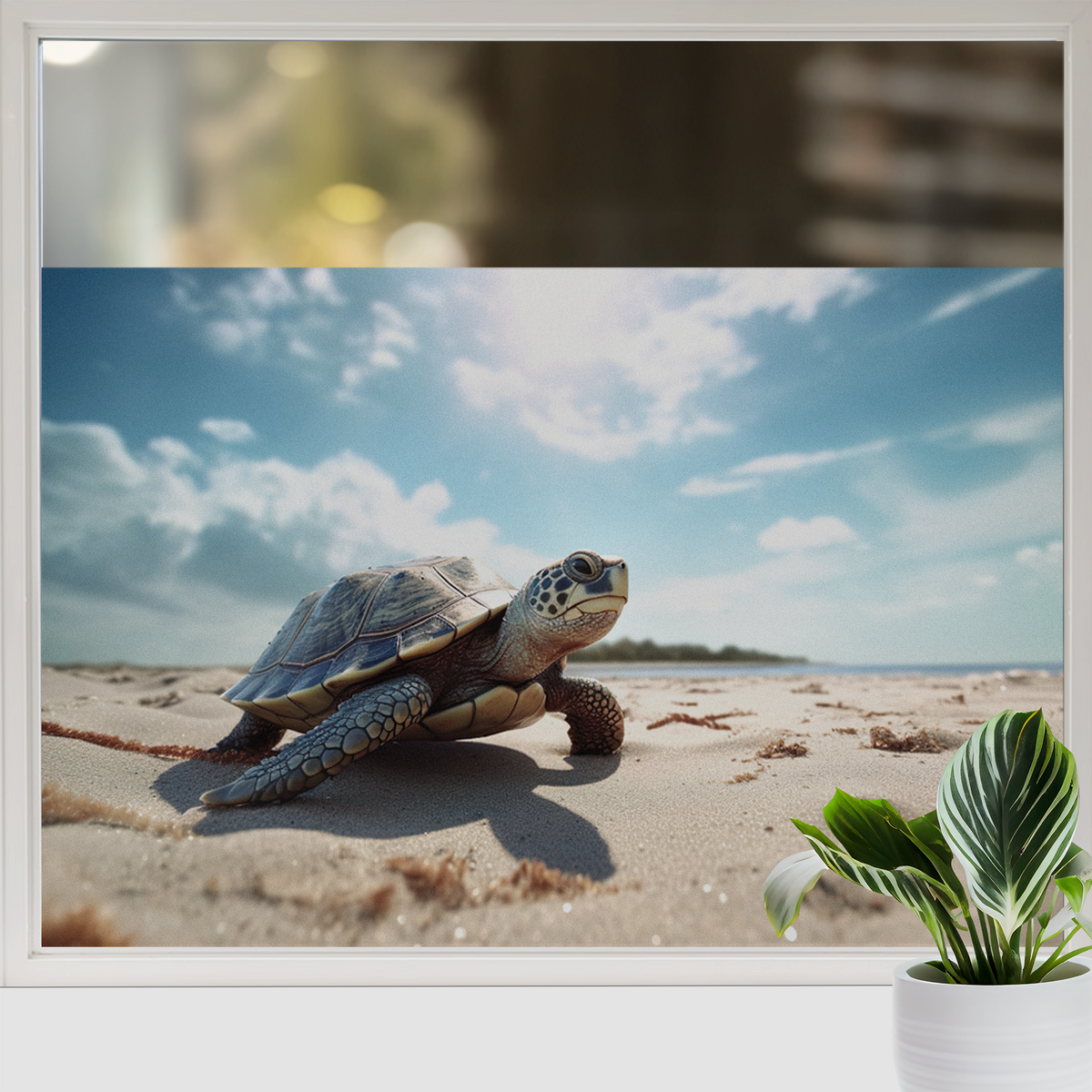 Schildkröte auf sandigem Strand, blauer Himmel im Hintergrund.