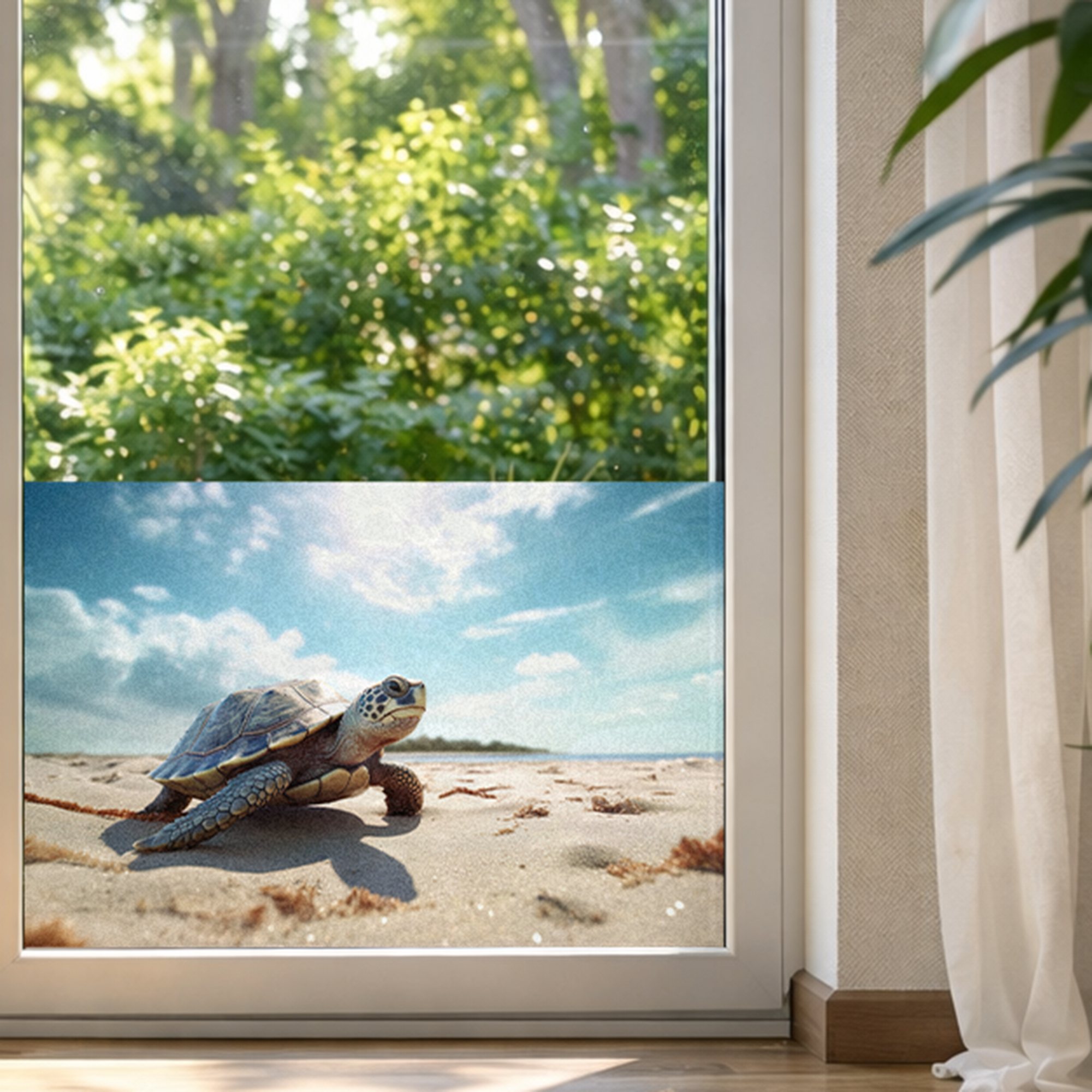 Schildkröte am Strand mit blauem Himmel und Sand.