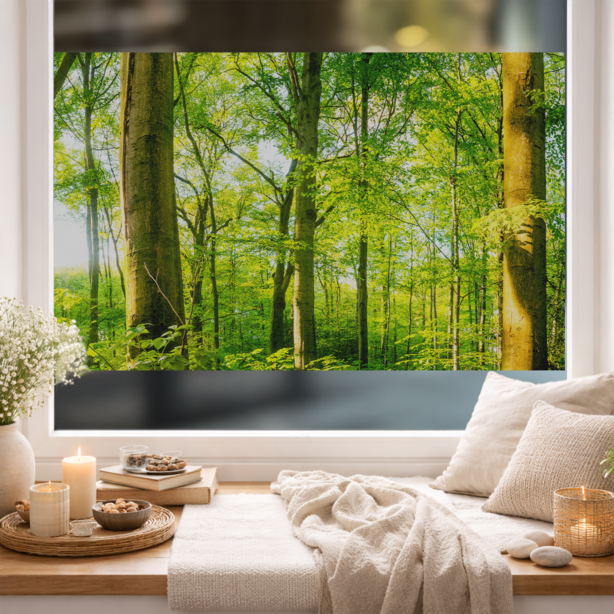 Grüne Baumlandschaft mit hellem Licht und gemütlicher Fensterbank.