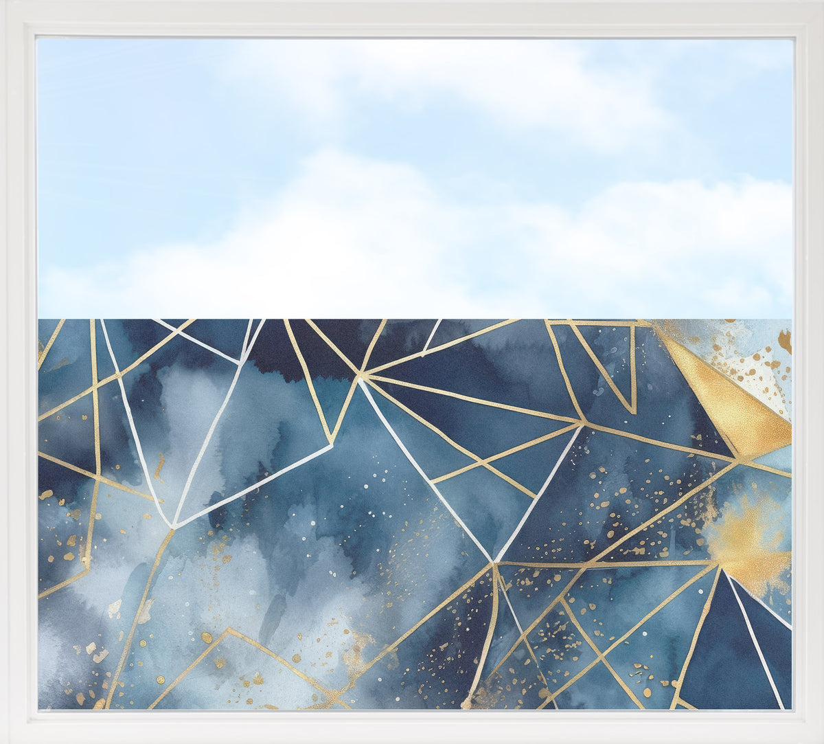 Abstrakte Kunst in Blau mit goldenen geometrischen Linien.