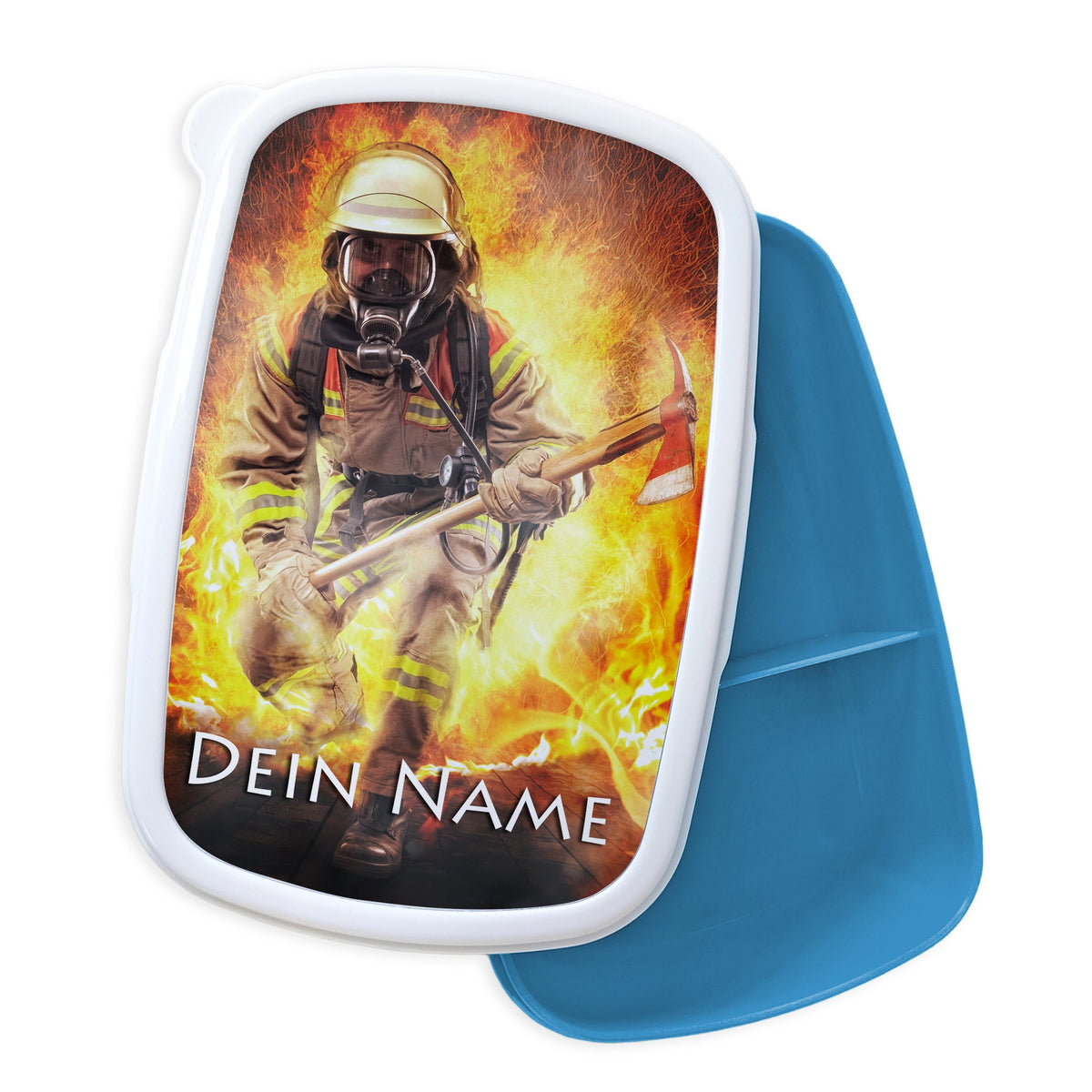 Lunchbox mit Feuerwehrmann-Motiv und blauem Innenleben.