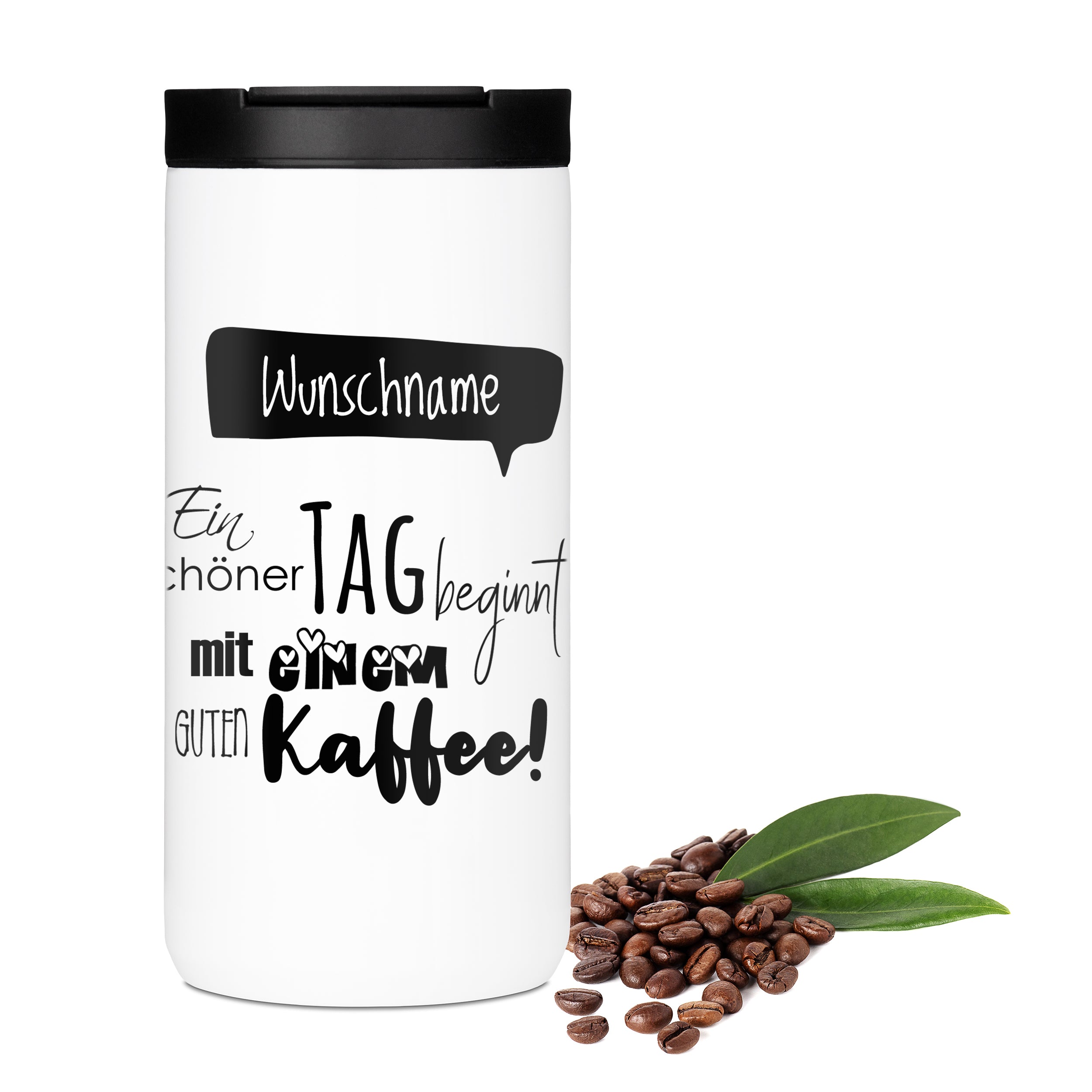 Weißer Kaffeebecher mit schwarzem Text und Wunschname.