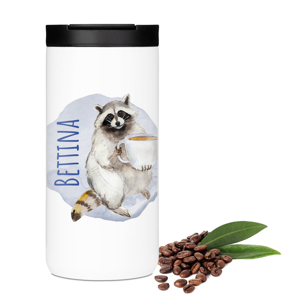 Weiße Thermoskanne mit Waschbär und dem Namen Bettina.