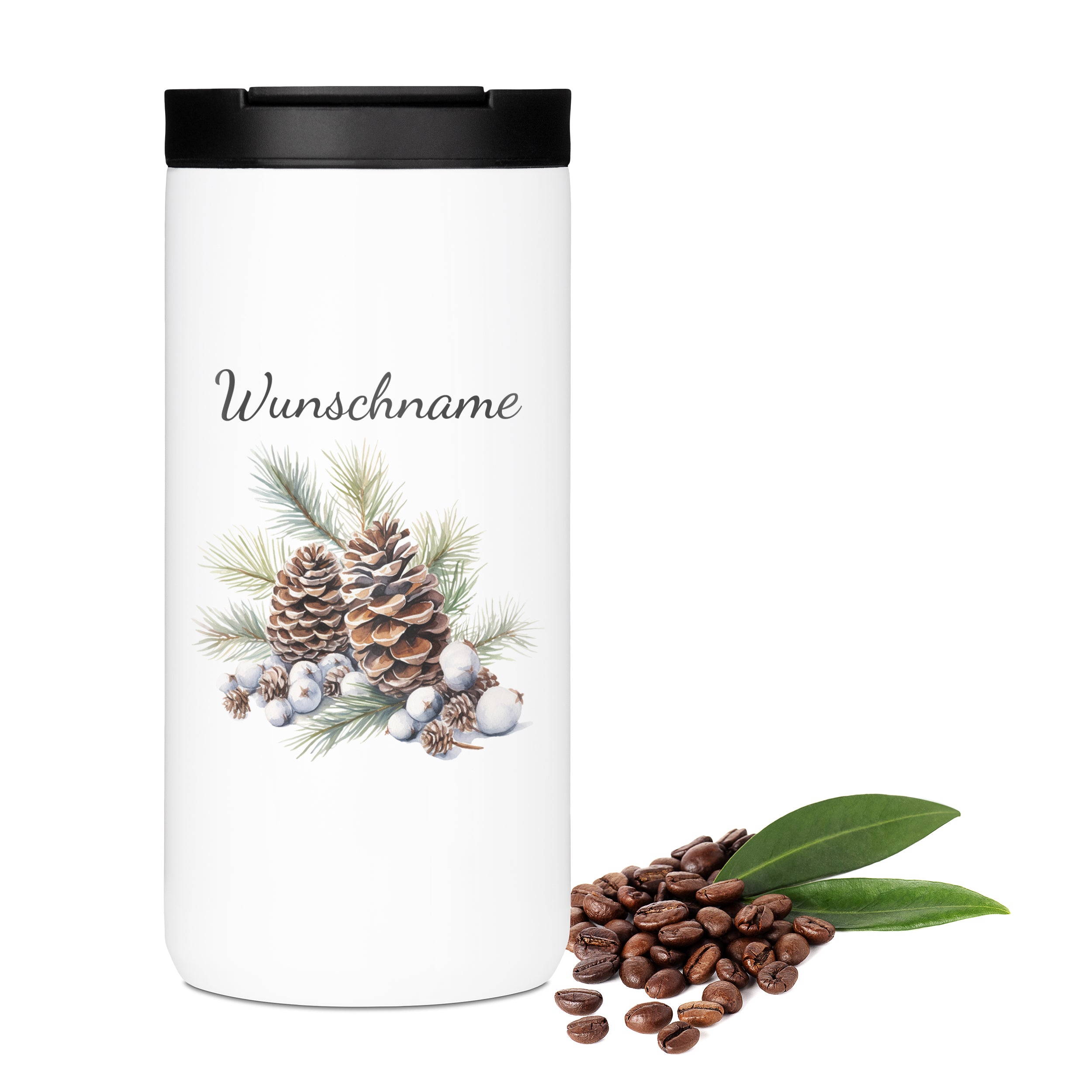Weißer Thermobecher mit Tannenzapfen und personalisiertem Text.