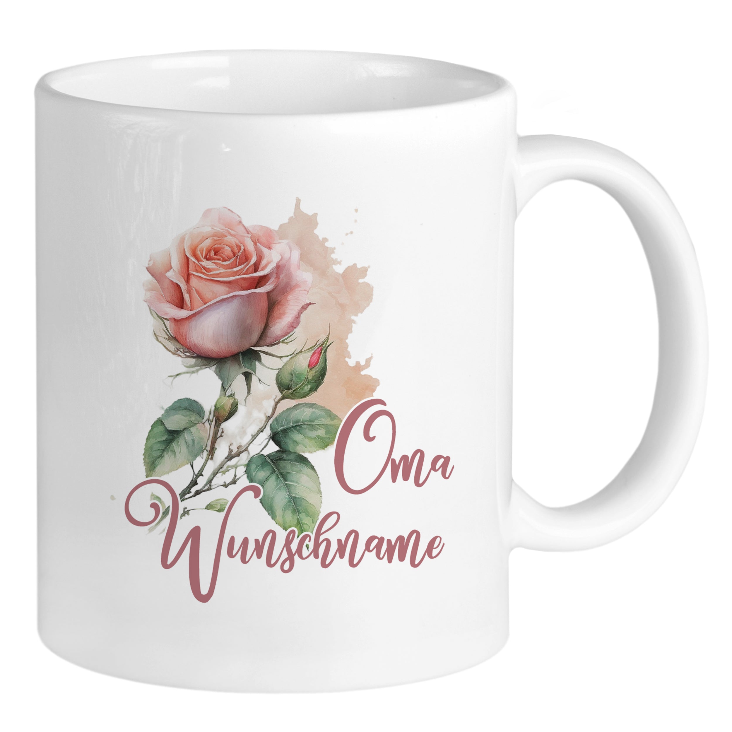 Weißer Becher mit rosa Rose und „Oma Wunschname“ Schriftzug.
