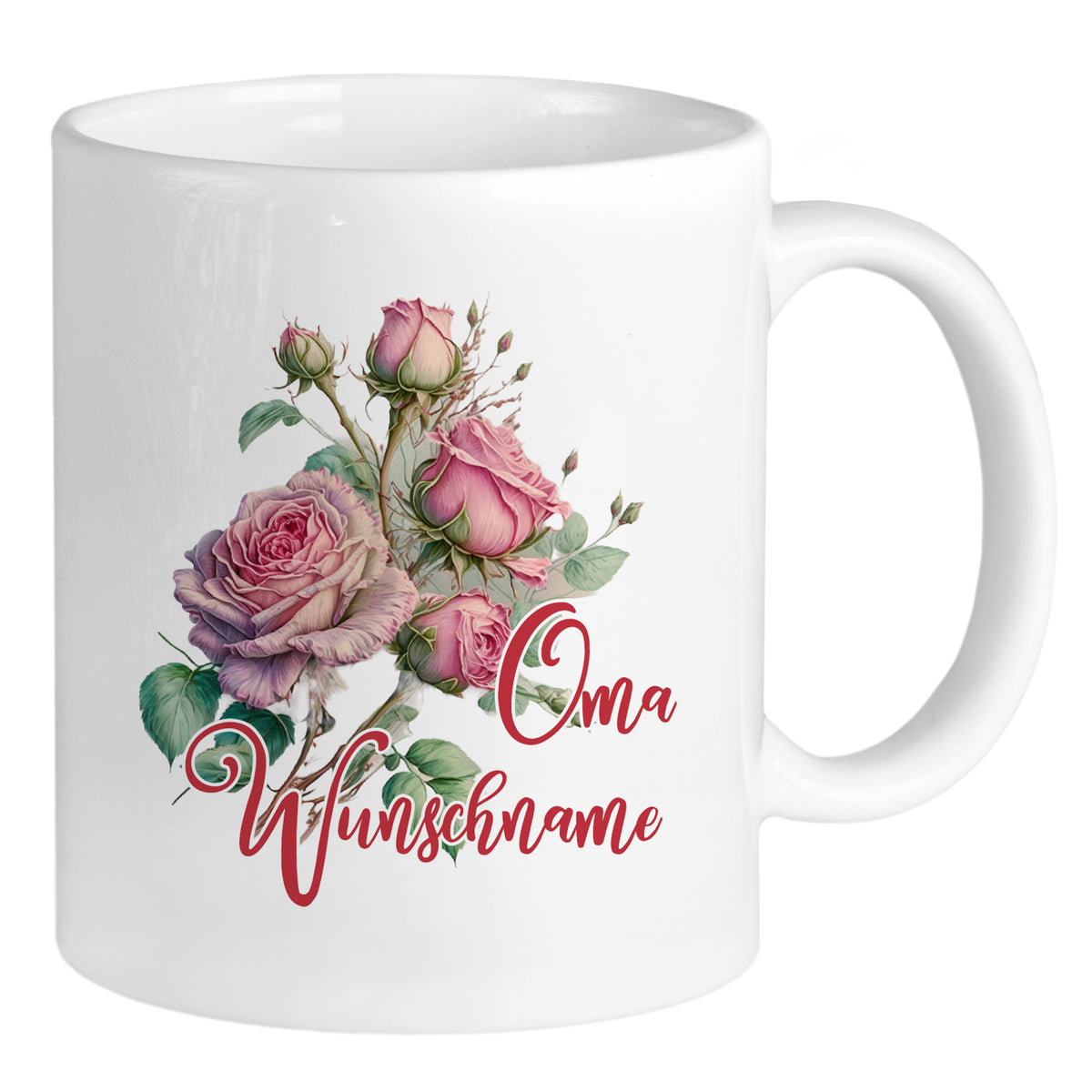 Weißer Becher mit rosa Rosen und "Oma Wunschname" Schriftzug.