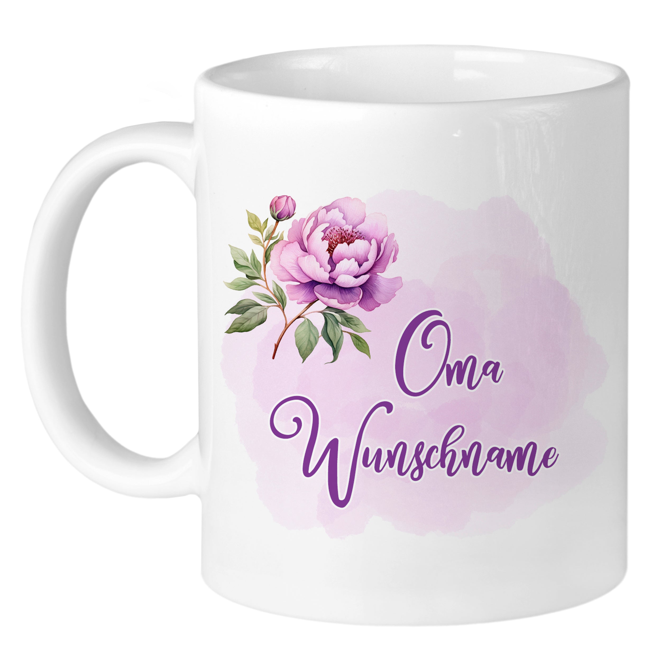 Weißer Becher mit lila Blumen und "Oma Wunschname" Schriftzug.