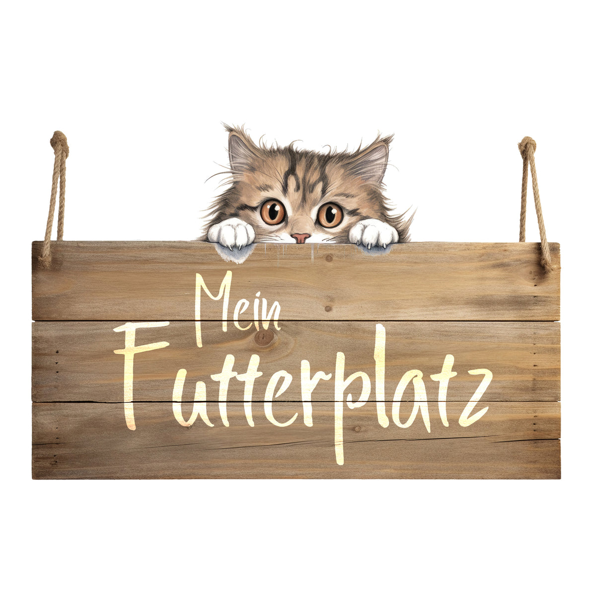 Holzschild mit Katze und Schriftzug "Mein Futterplatz".