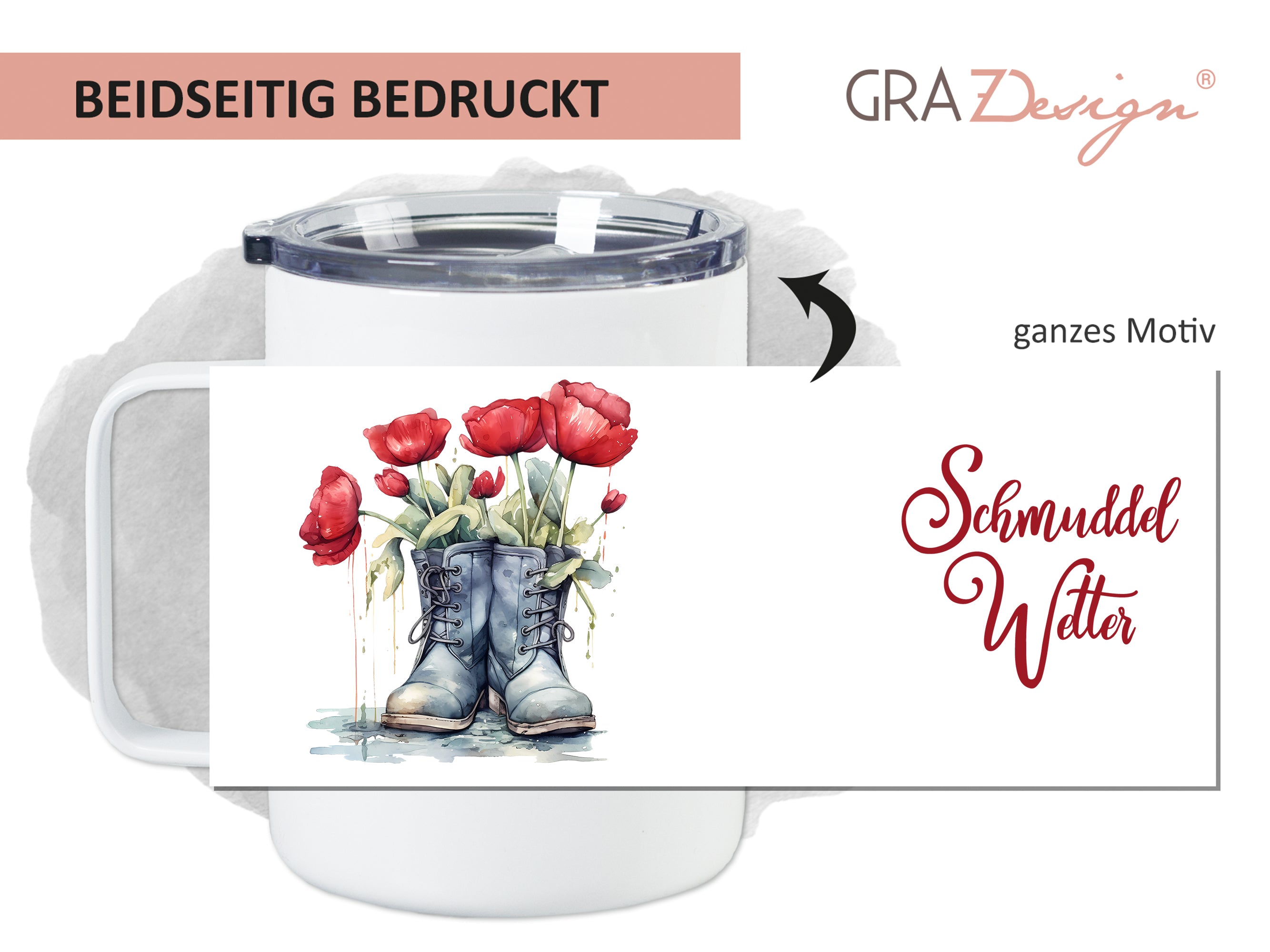 Becher mit bunten Mohnblumen und Gummistiefeln.