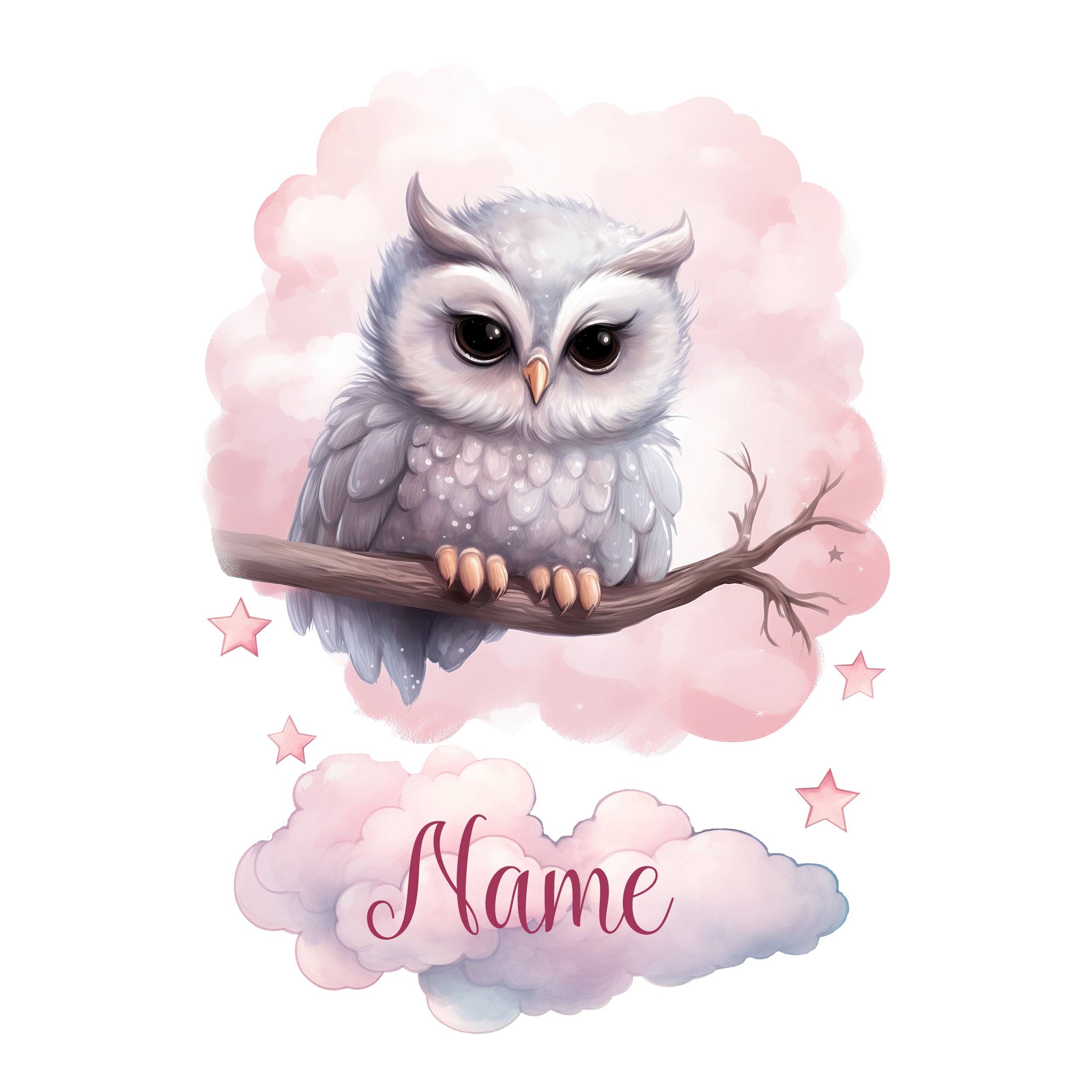 Wandtattoo mit Eule auf Ast, rosa Wolken und Wunschname
