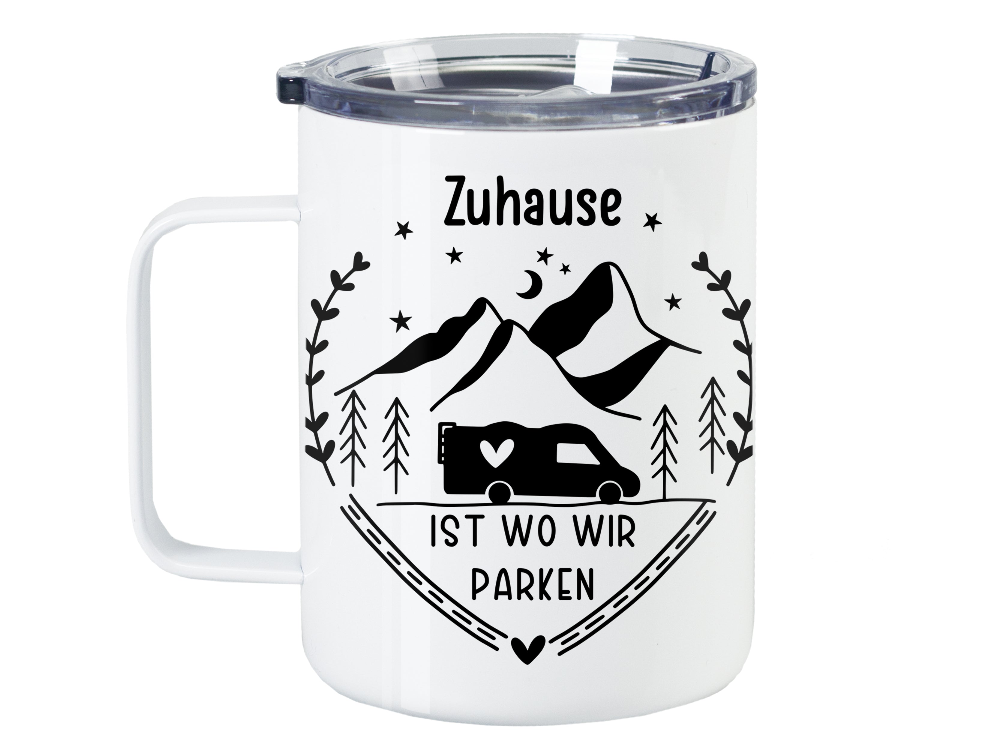Weißer Becher mit Aufdruck: "Zuhause ist wo wir parken".