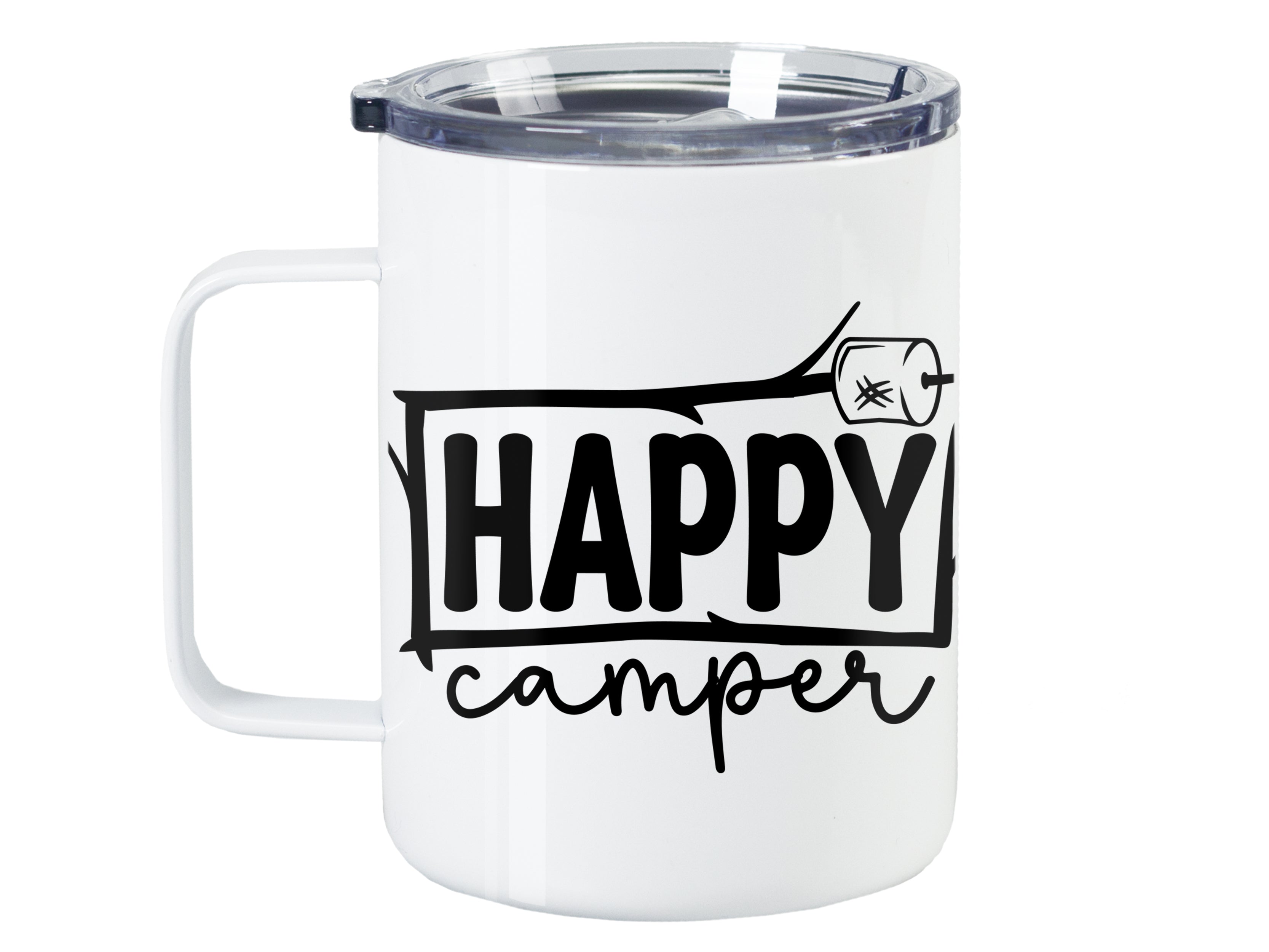 Weißer Becher mit schwarzem "Happy Camper"-Aufdruck.