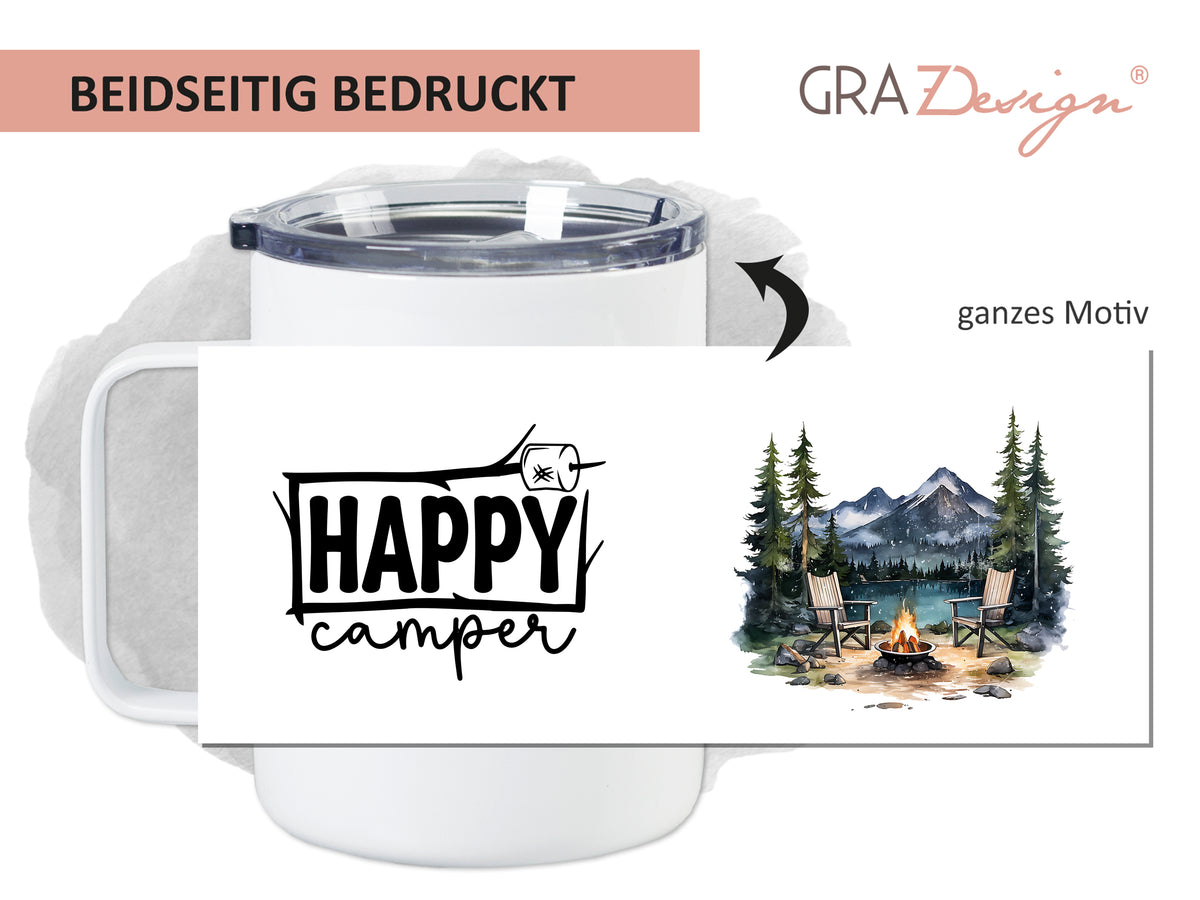 Becher mit "Happy Camper"-Motiv, beidseitig bedruckt, weiß.