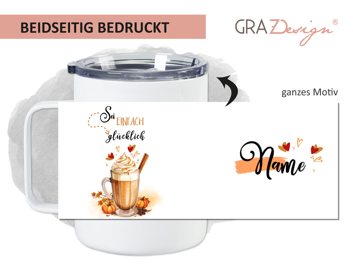 Becher mit beidseitigem Druck, Kaffeetasse, orangefarbene Akzente.