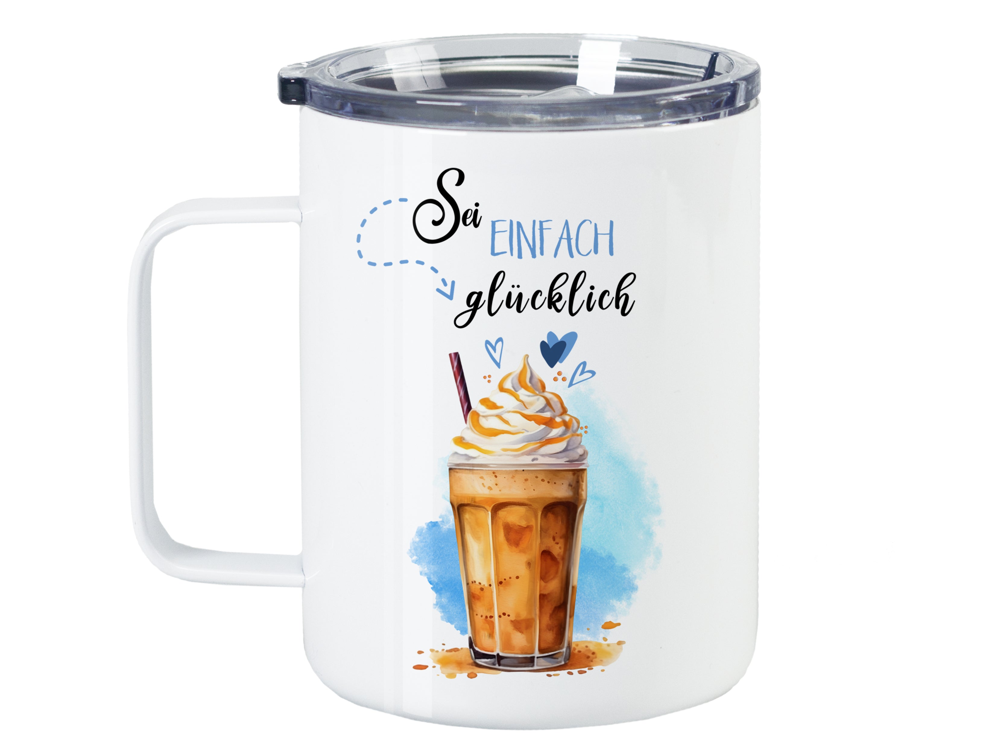 Weißer Becher mit Kaffeeglas und Spruch „Sei einfach glücklich“.