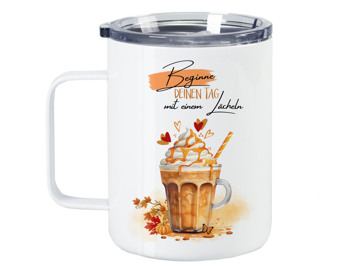 Kaffeetasse mit Motiv, weiß, Aufschrift und Herzchen.