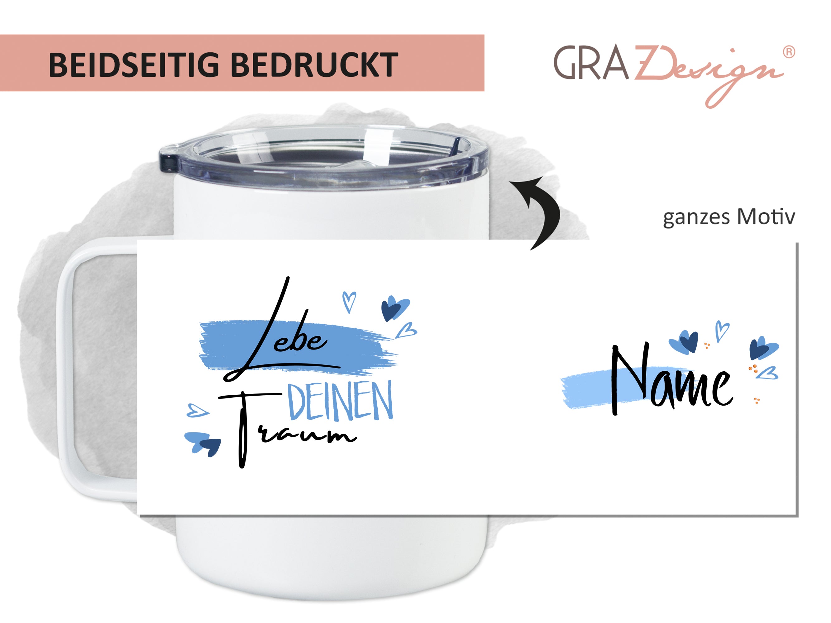 Becher mit blauem Design und personalisierbarem Namen.