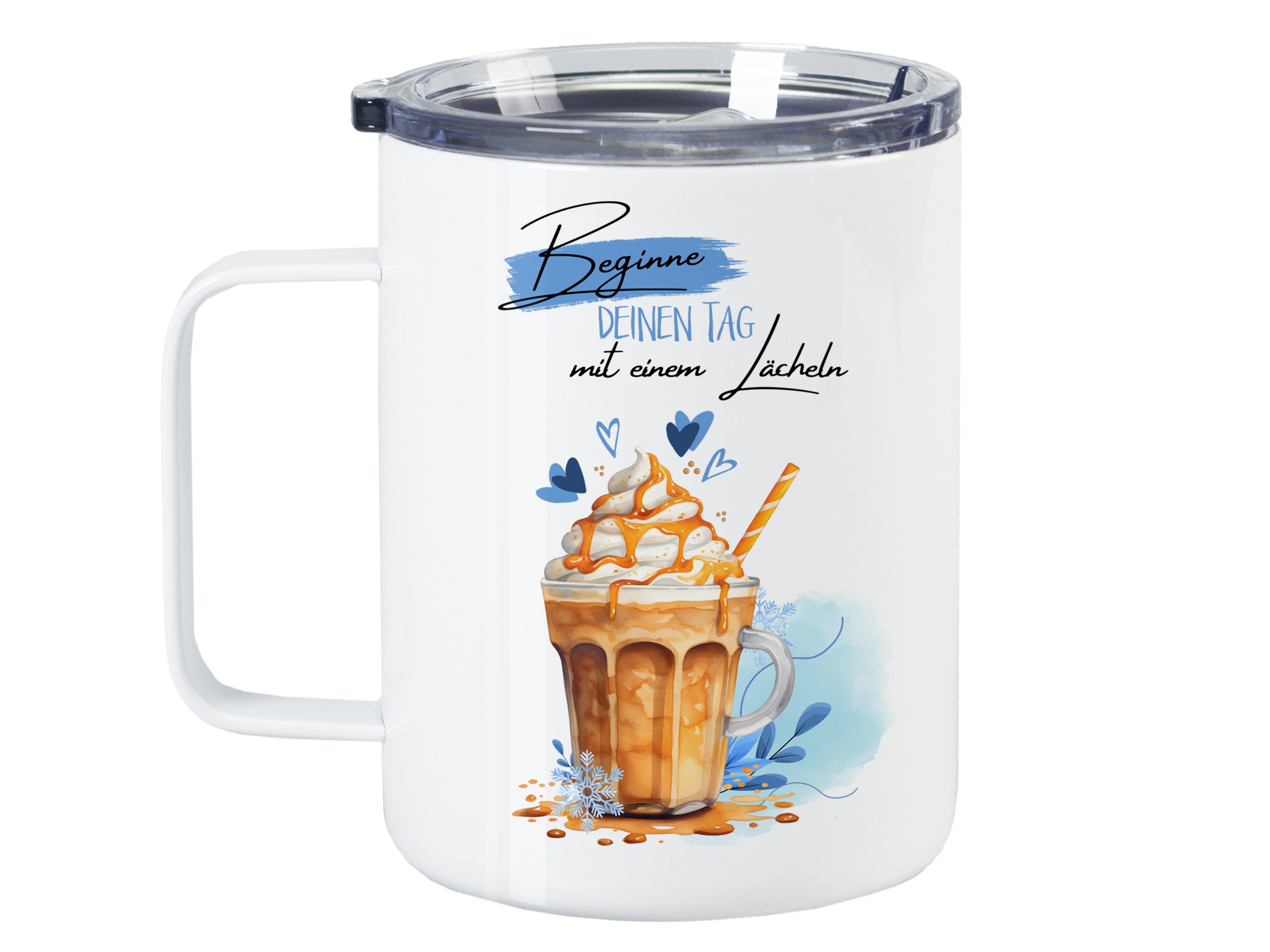Kaffeebecher mit Motiv und Aufschrift in Weiß und Braun.
