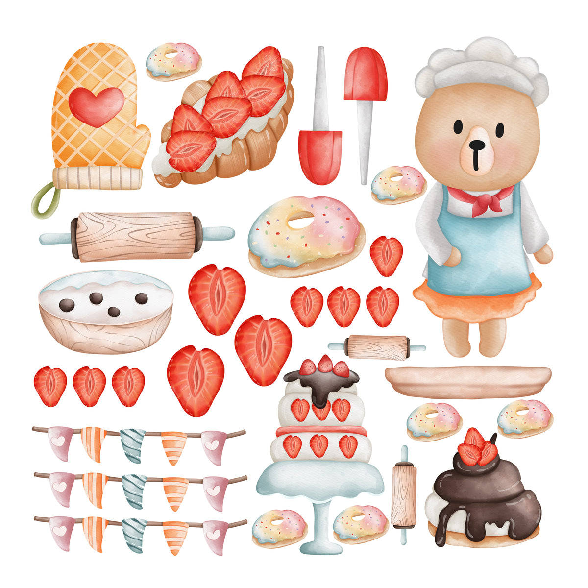 Aufkleber-Set für Kinderküche mit Bäcker-Bär und Backwaren