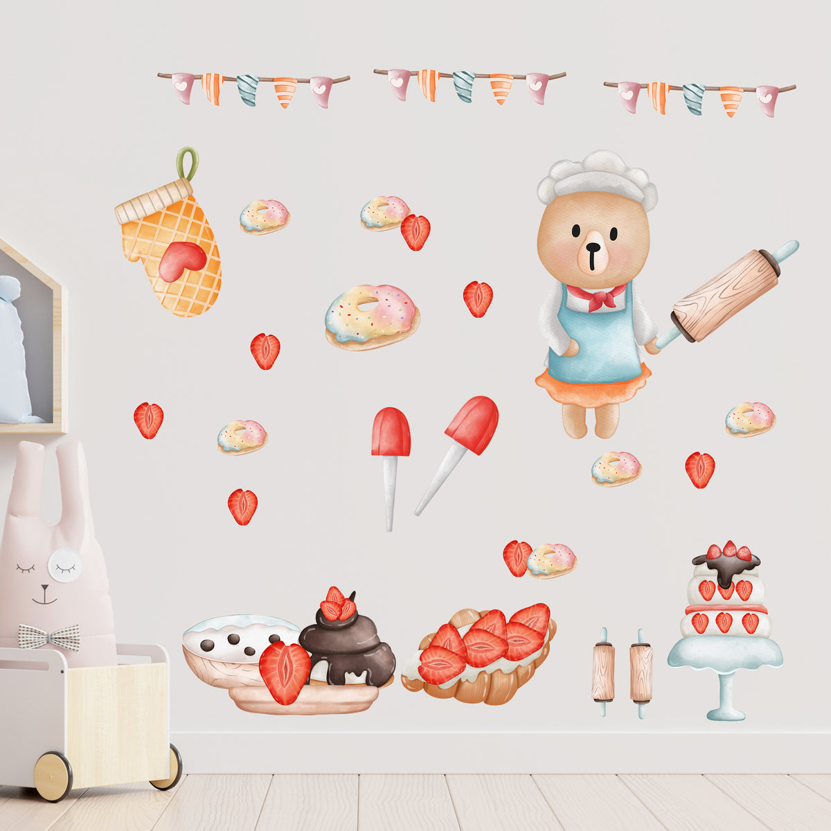 Wandtattoo-Set für Kinderküche mit Bäcker-Bär und Backwaren