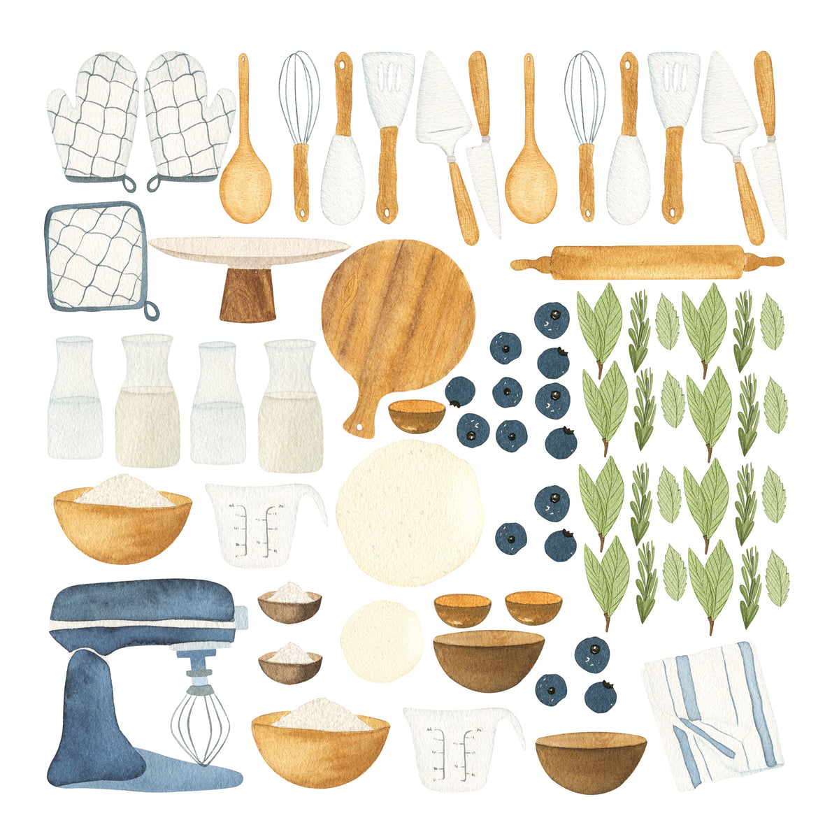 Aufkleber-Set für Kinderküche mit Küchenutensilien und Blaubeeren