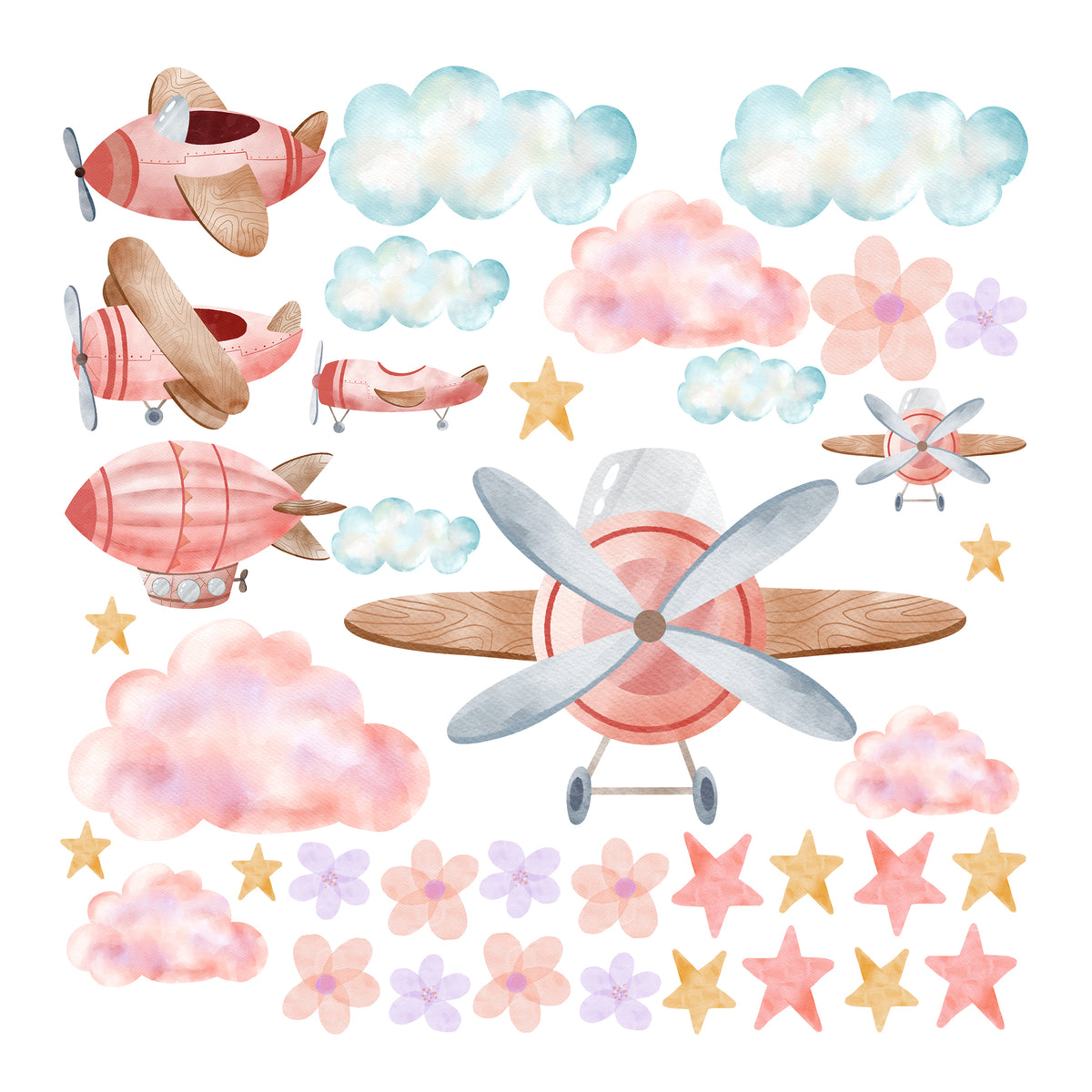 Wandtattoo-Set mit Flugzeugen, Luftschiff, Wolken und Sternen
