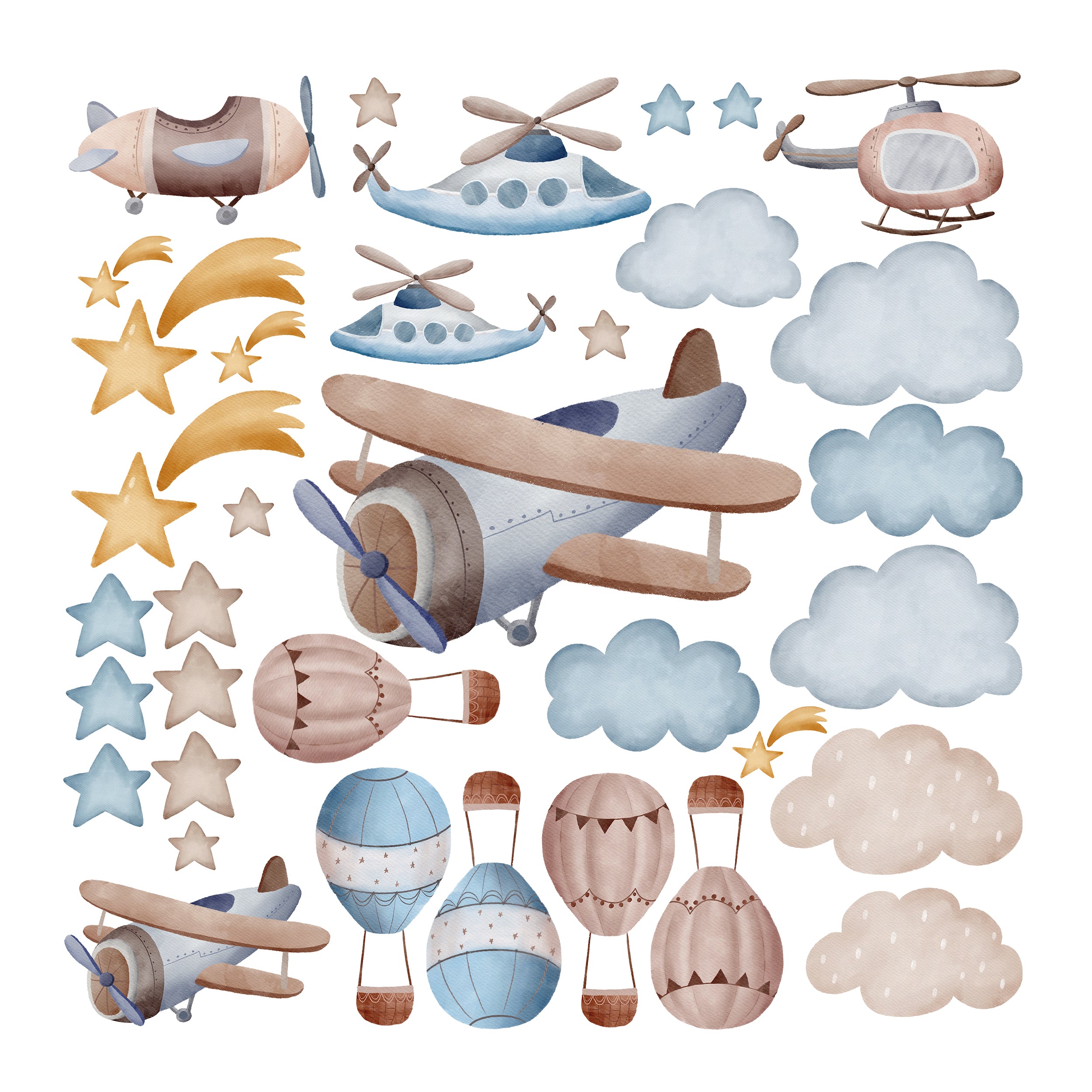 Wandtattoo-Set mit Flugzeugen, Helikoptern, Ballons und Wolken