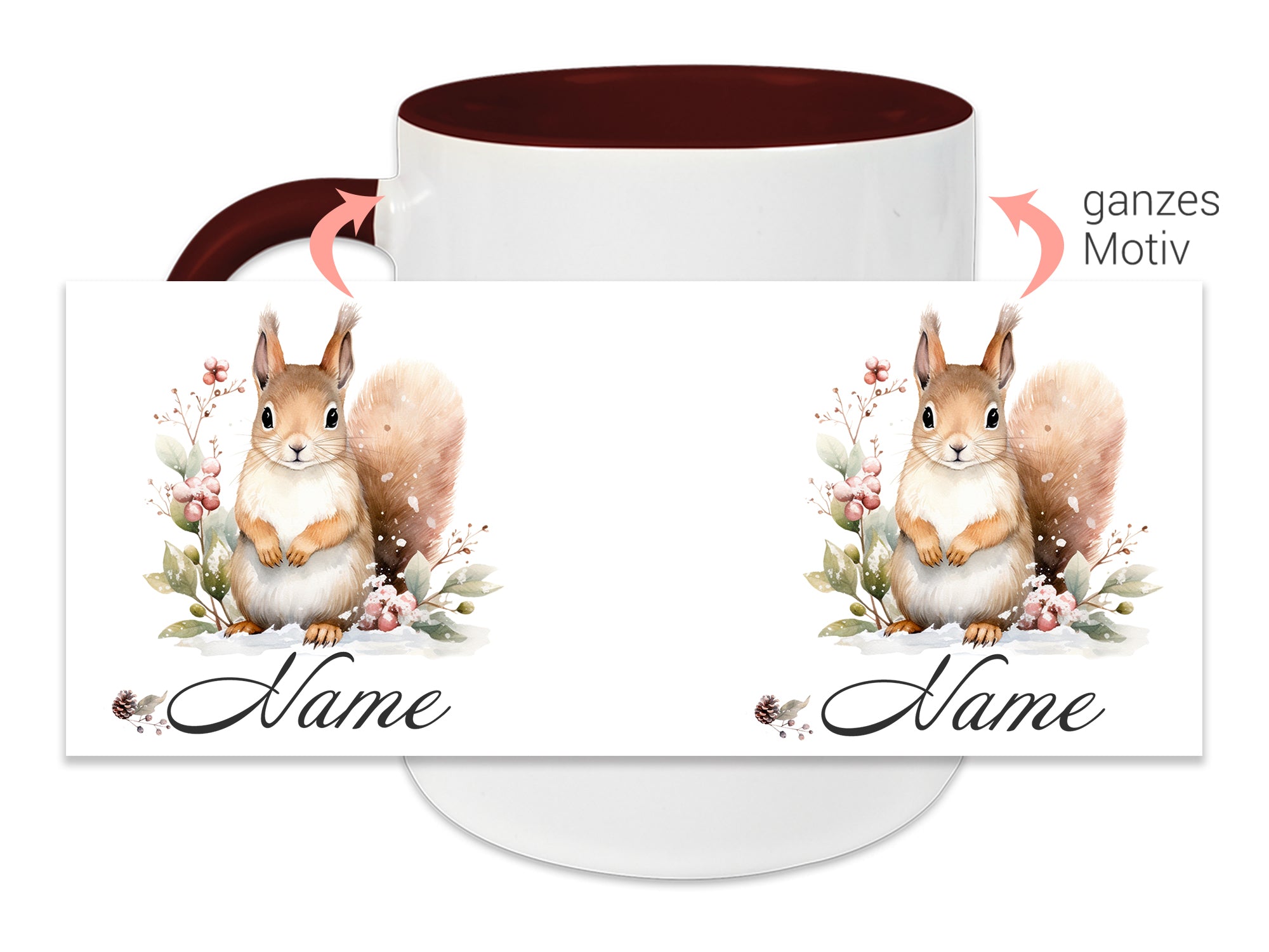 Tasse mit Eichhörnchen-Motiv und rotem Henkel.