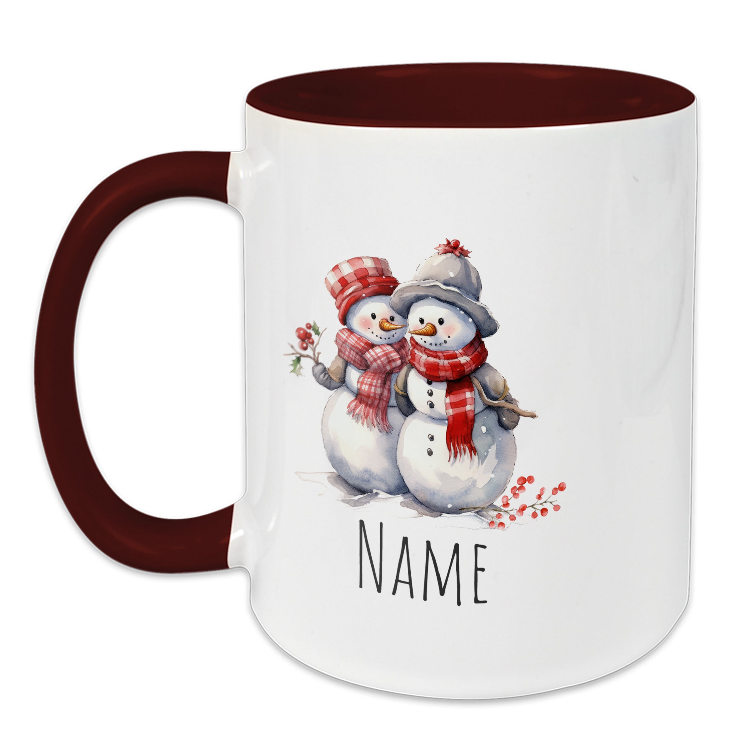 Tasse mit Schneemännern, rot-weißer Farbgebung, personalisierbar.