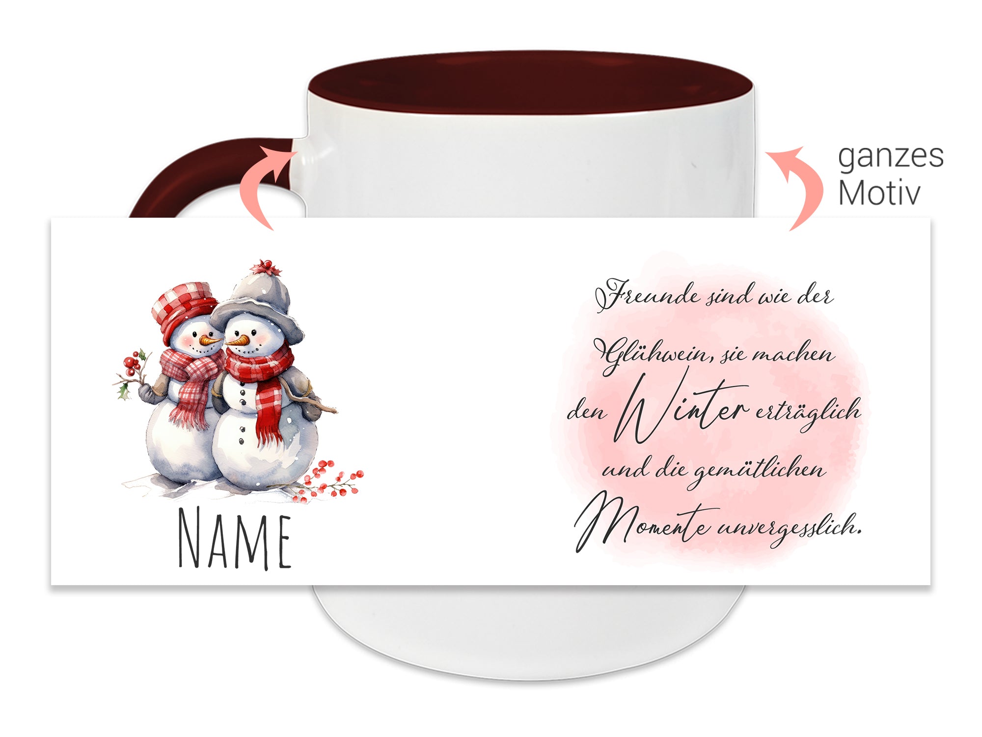 Kaffeetasse mit roten Henkel, Schneemann-Motiv und winterlichem Spruch.