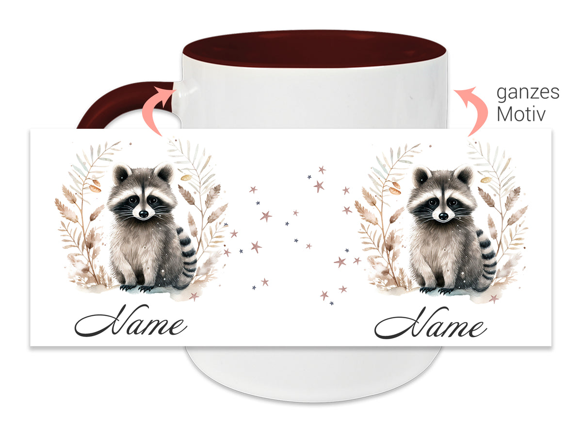 Tasse mit zwei Waschbären und personalisierbarem Namen.
