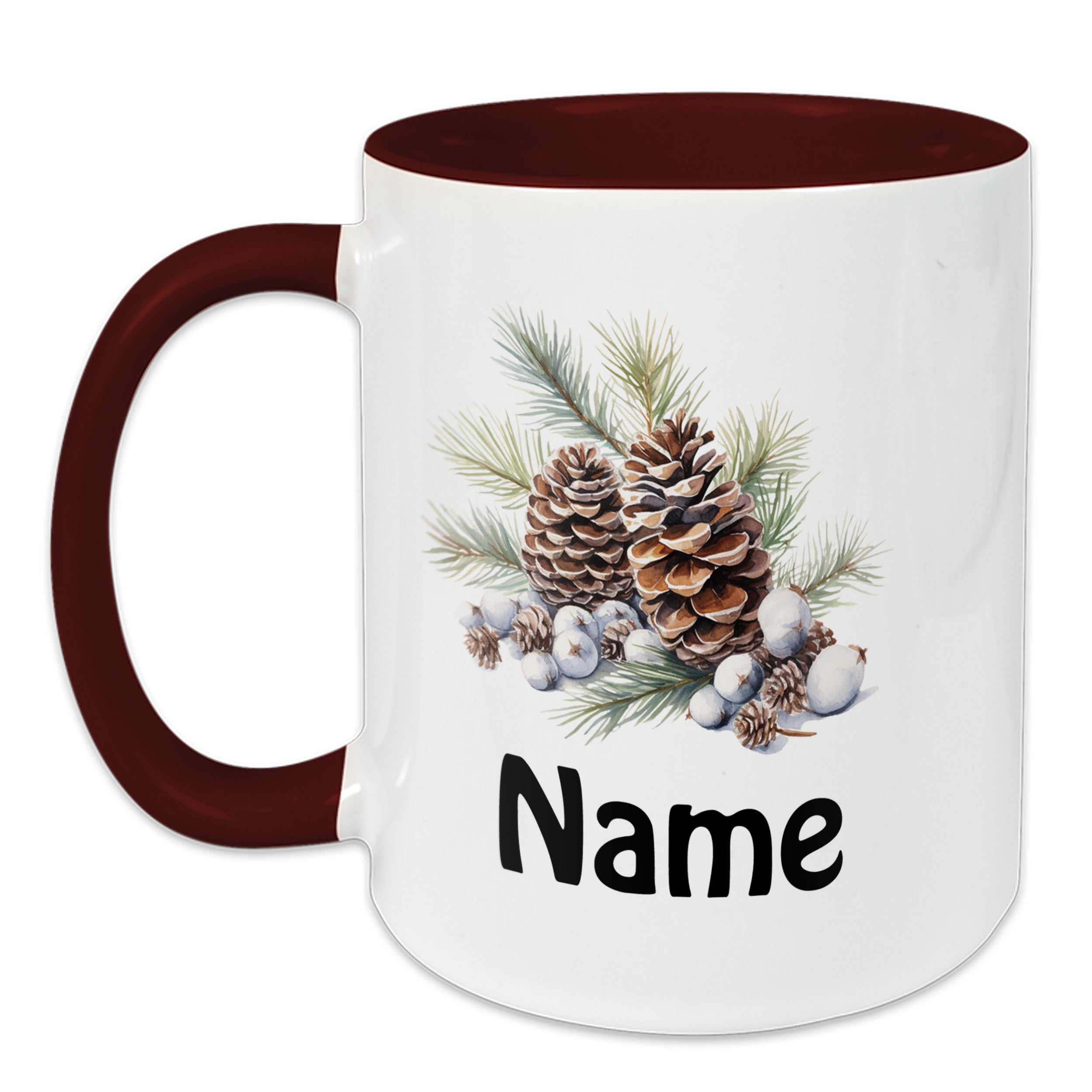 Weißer Kaffeebecher mit rotem Henkel und Weihnachtsmotiv.