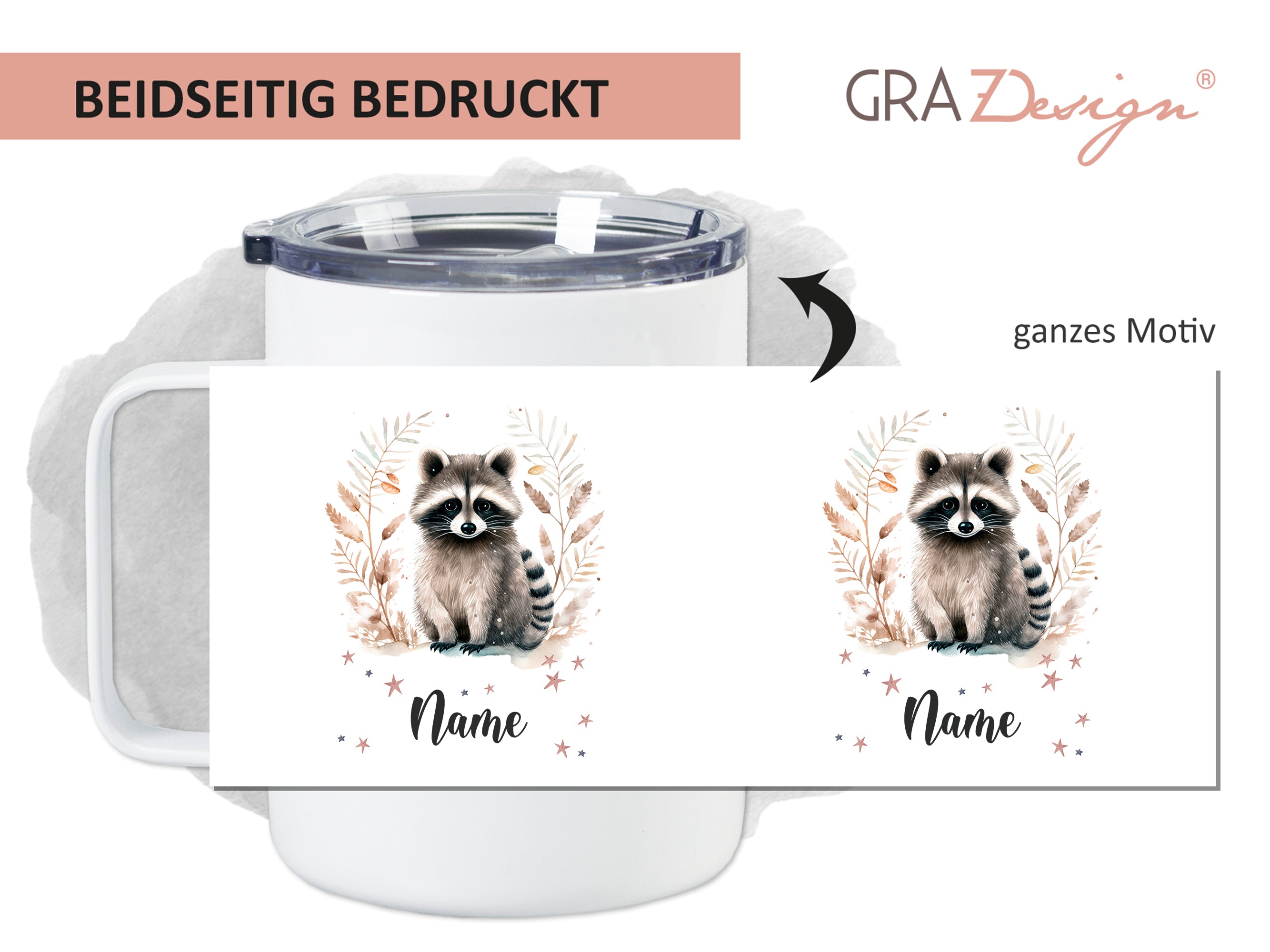 Becher mit Waschbär-Motiv, beidseitig bedruckt, personalisierbar.