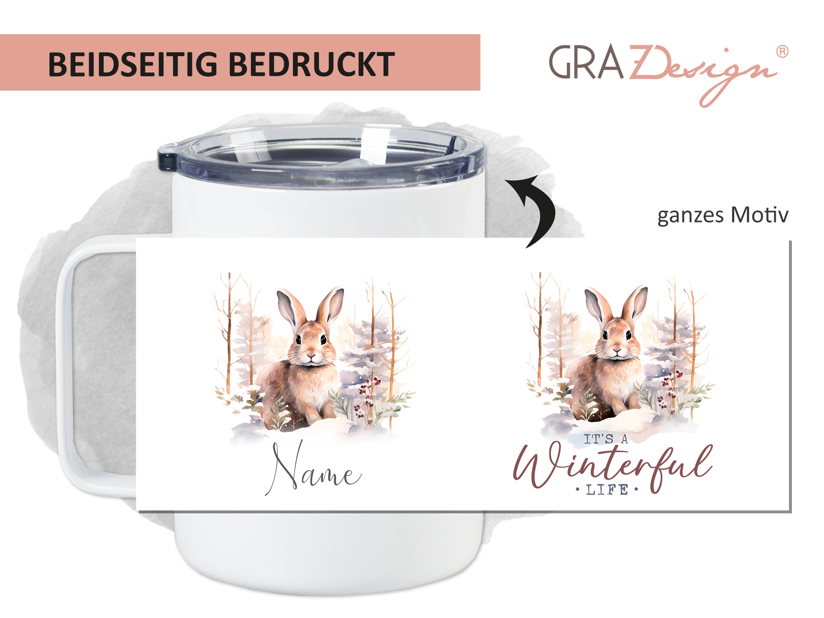 Becher mit beidseitigem Druck, Kaninchenmotiv, winterliche Farben.