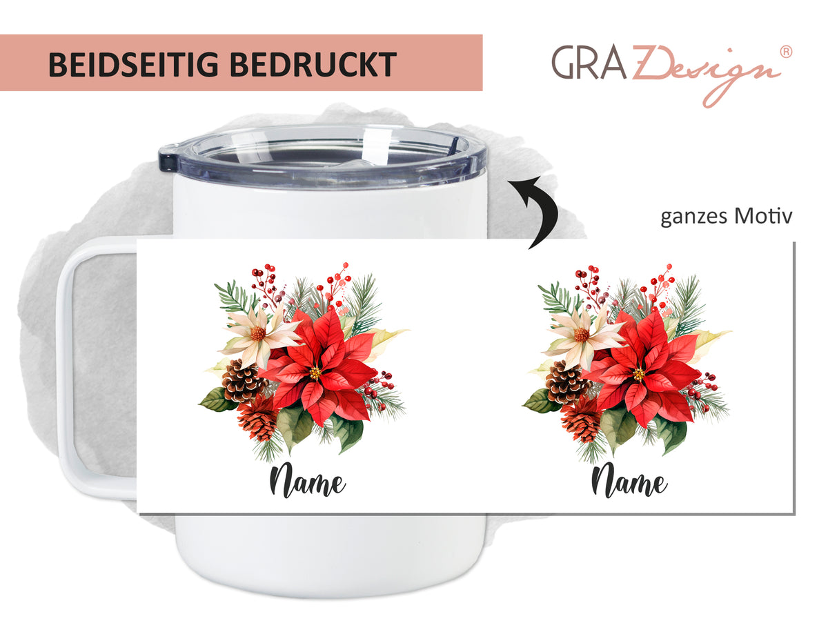 Beidseitig bedruckter Becher mit roten Weihnachtsblumen.