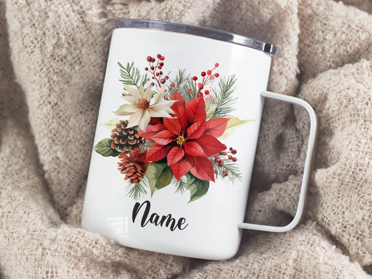 Weißer Becher mit rotem Weihnachtsstern und personalisiertem Namen.
