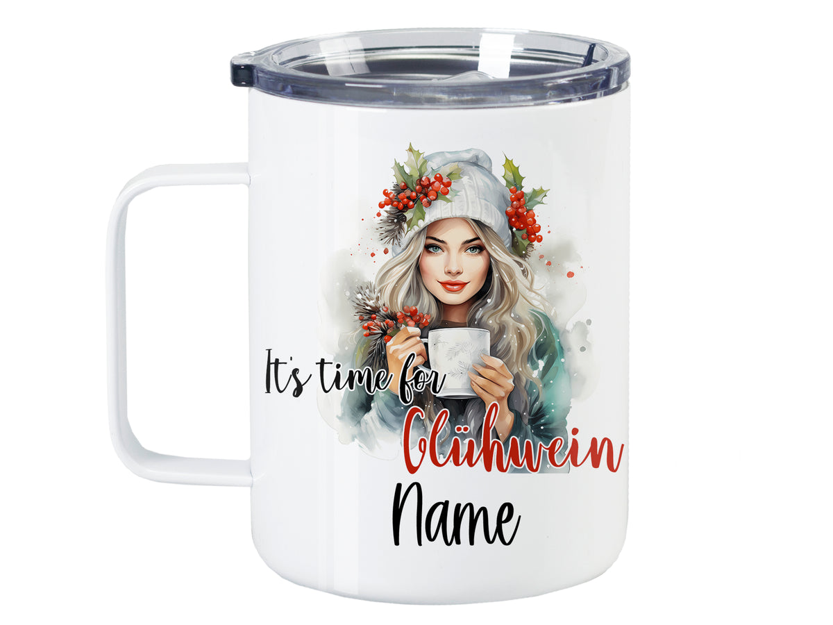 Kaffeebecher mit winterlicher Frau und Glühwein-Motiv.