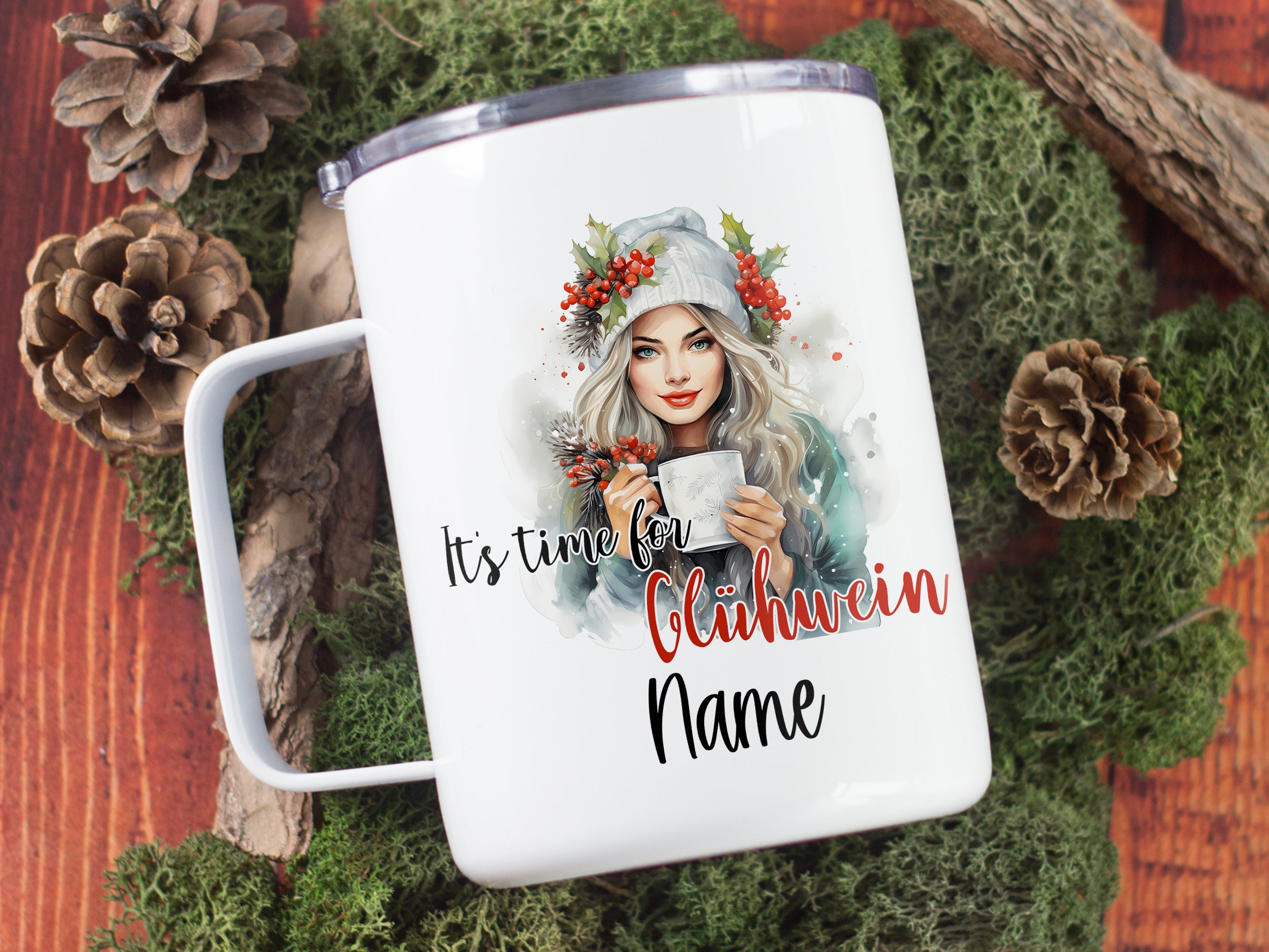 Tasse mit Weihnachtsmotiv, weiß, Glühwein-Design, personalisierbar.